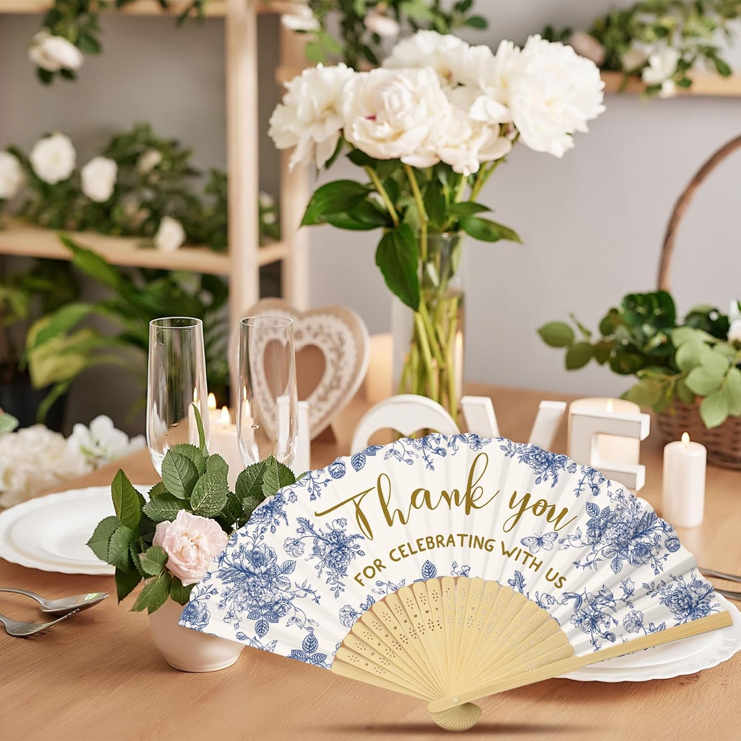 50 Pcs Wedding Foldable Fans with Organza Bags