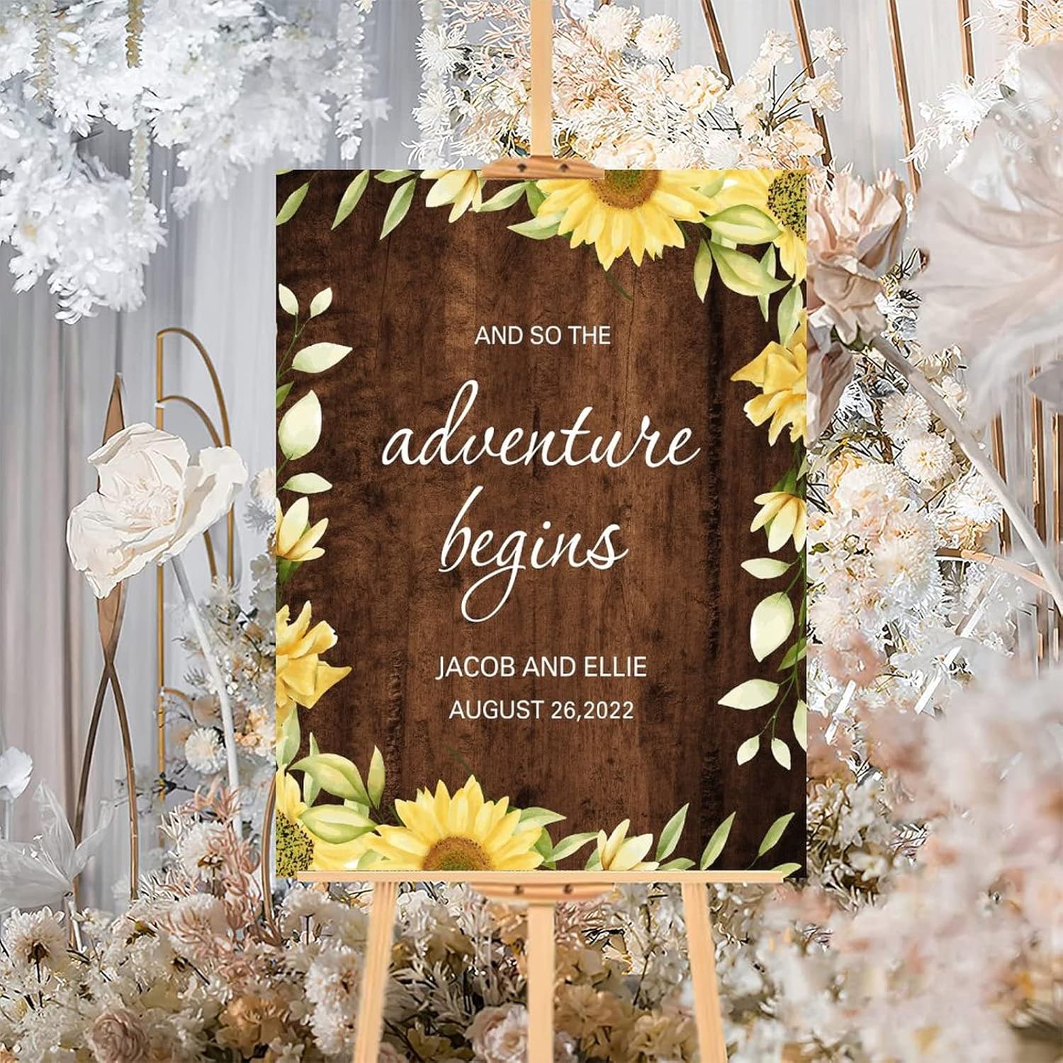 Rustic Wood Wedding Welcome Sign with Sunflower Design