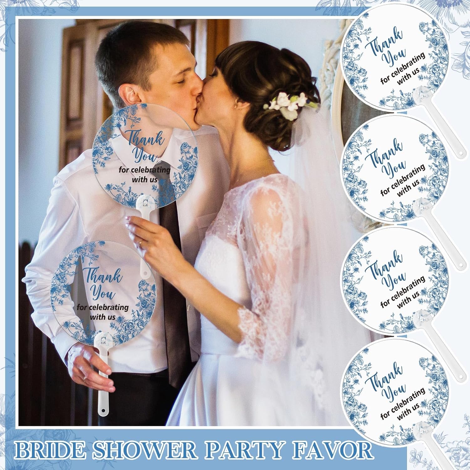 Geelin 50 Pcs Blue Flower Wedding Fans for Guests and Bridesmaids