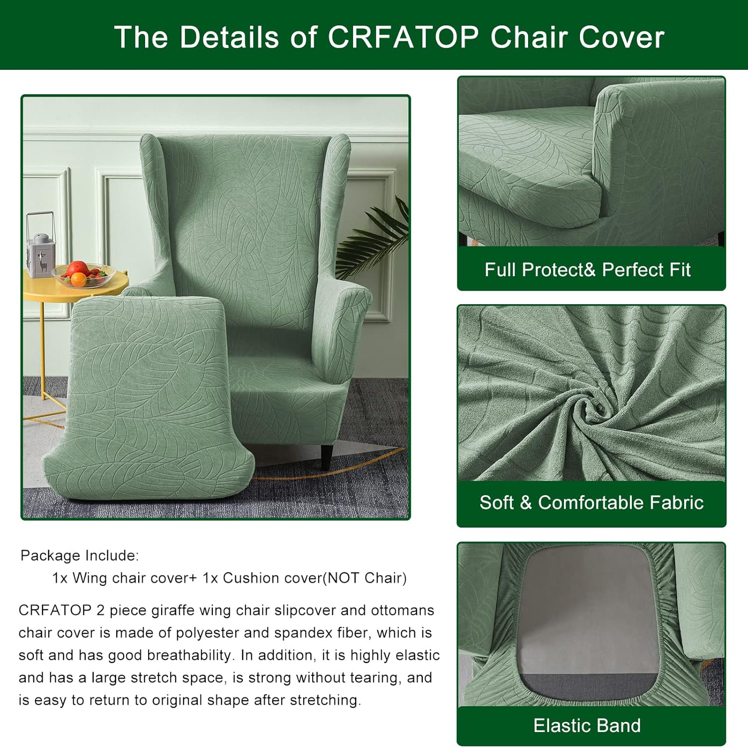 CRFATOP 2 Piece Stretch Wingback Chair Slipcovers Green