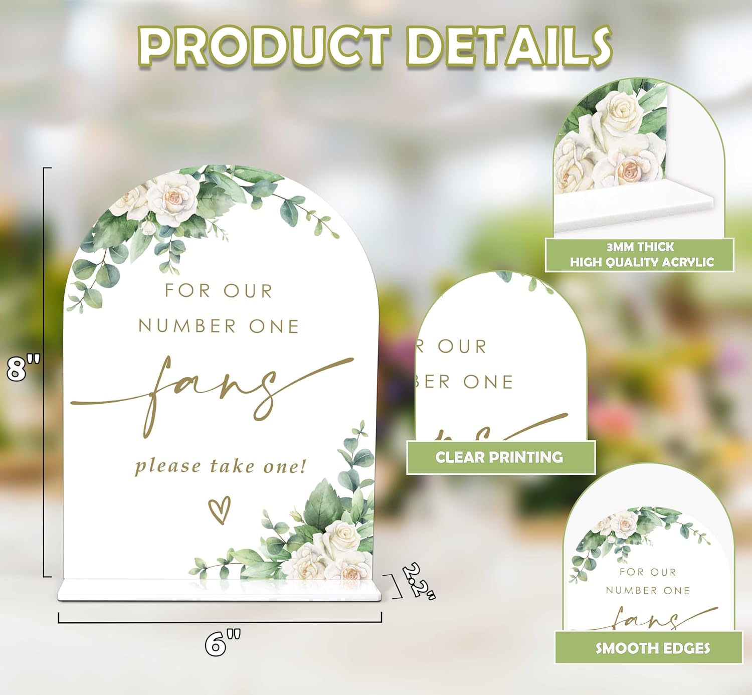 Eucalyptus Rose Wedding Fan Sign 6x8 Inch White Acrylic Wedding Arch with Holder