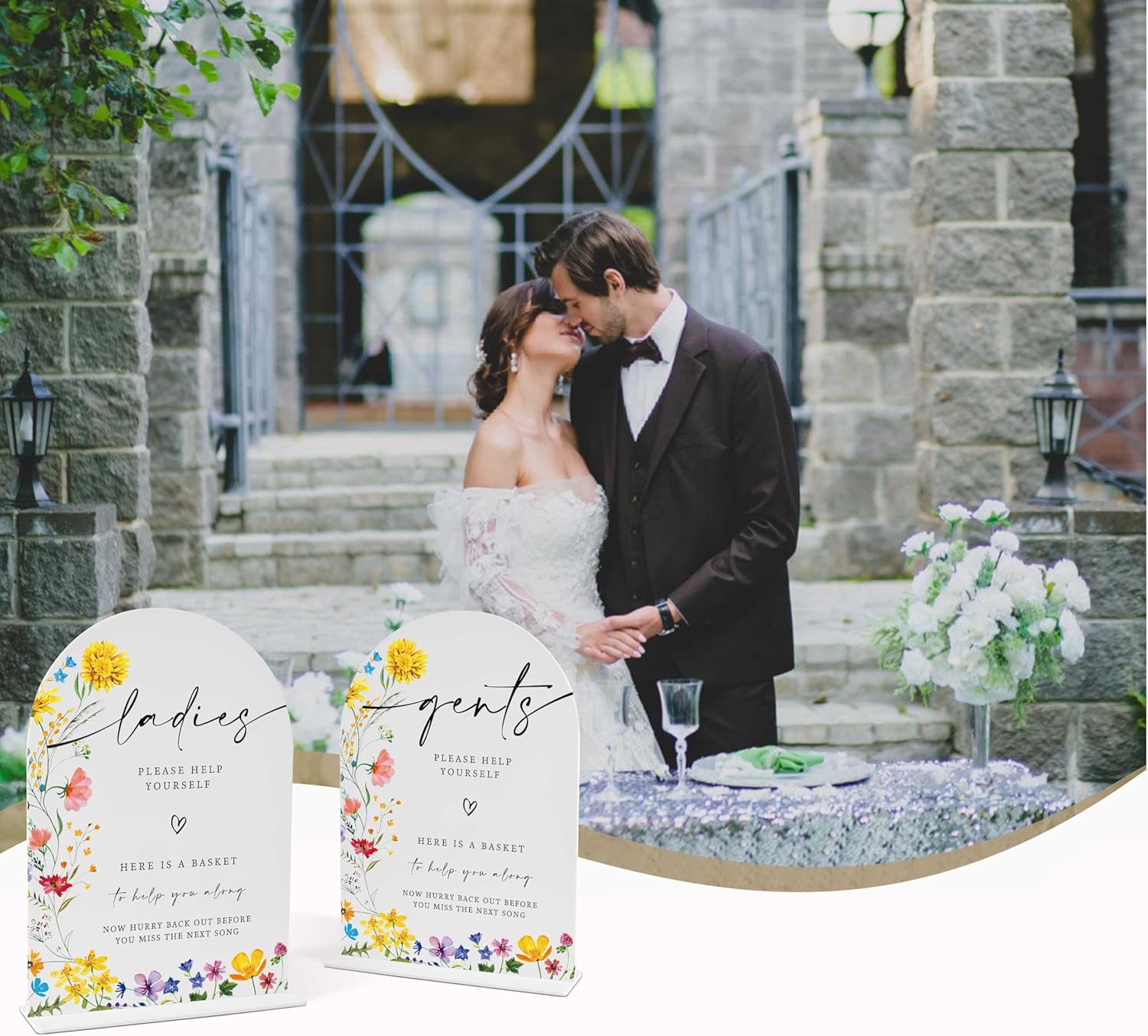 2 Pcs Floral Wedding Bathroom Signs with Holder