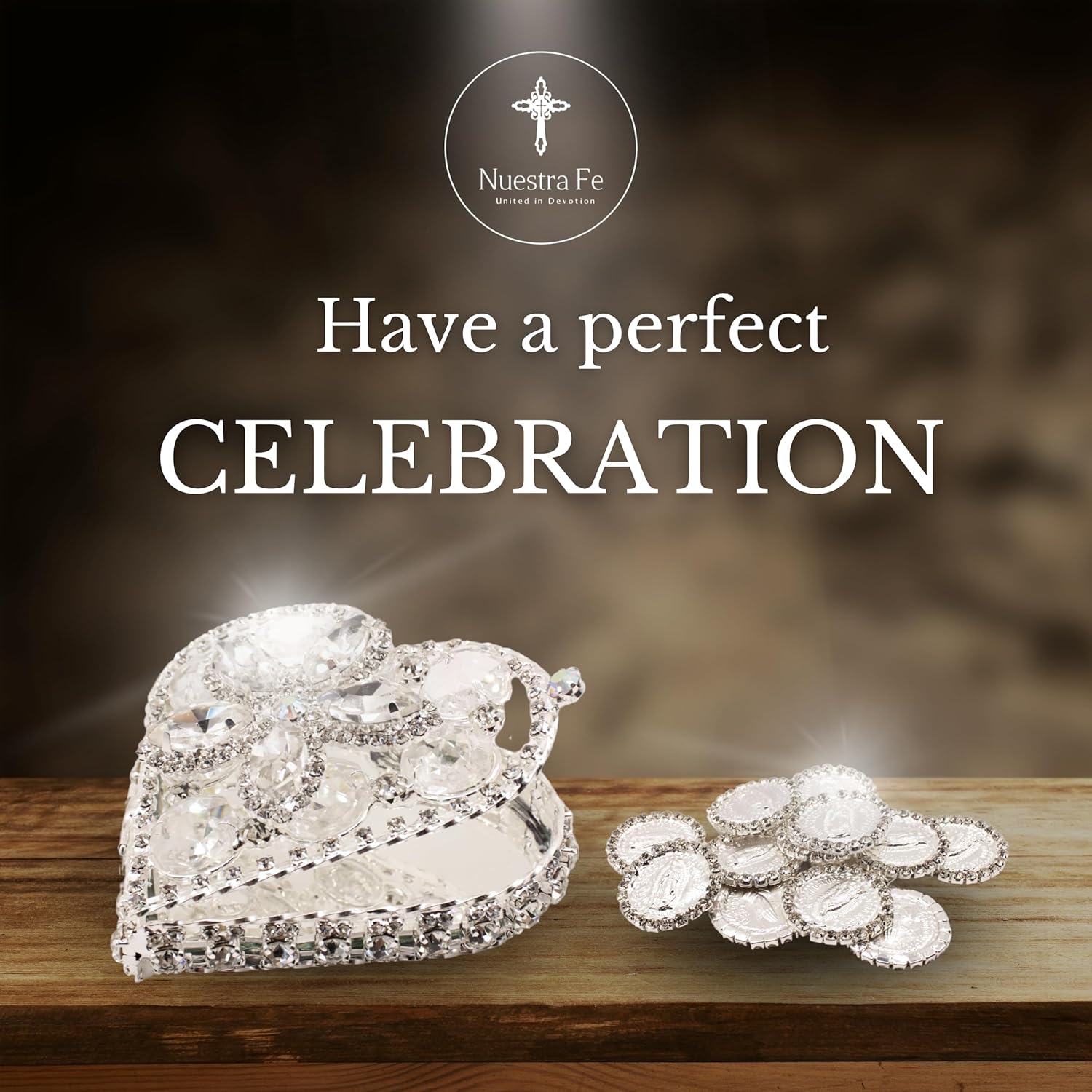 Catholic Wedding Arras Set with 13 Coins and Virgen de Guadalupe Image