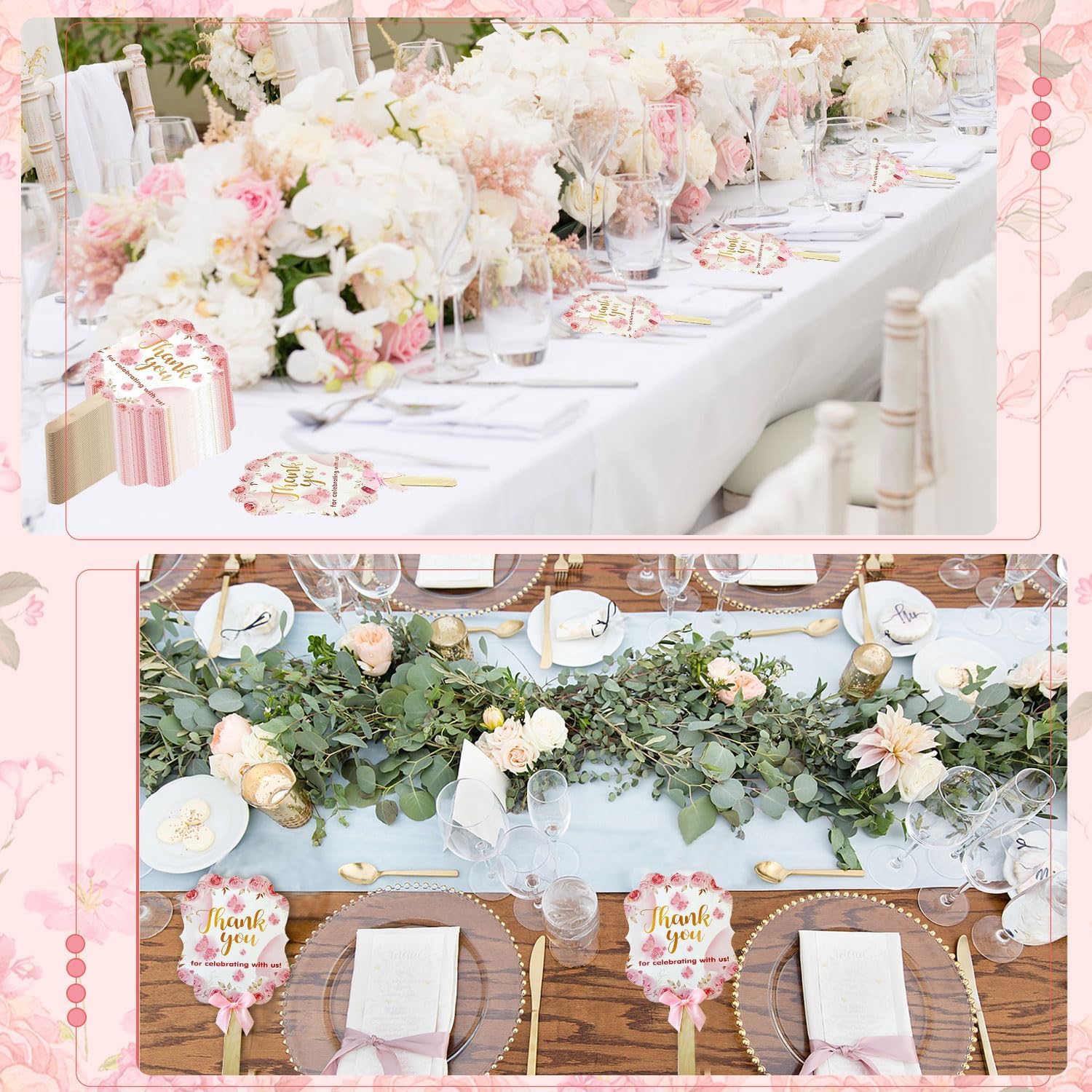 50 Pink Wedding Fans with Wood Sticks and Bows