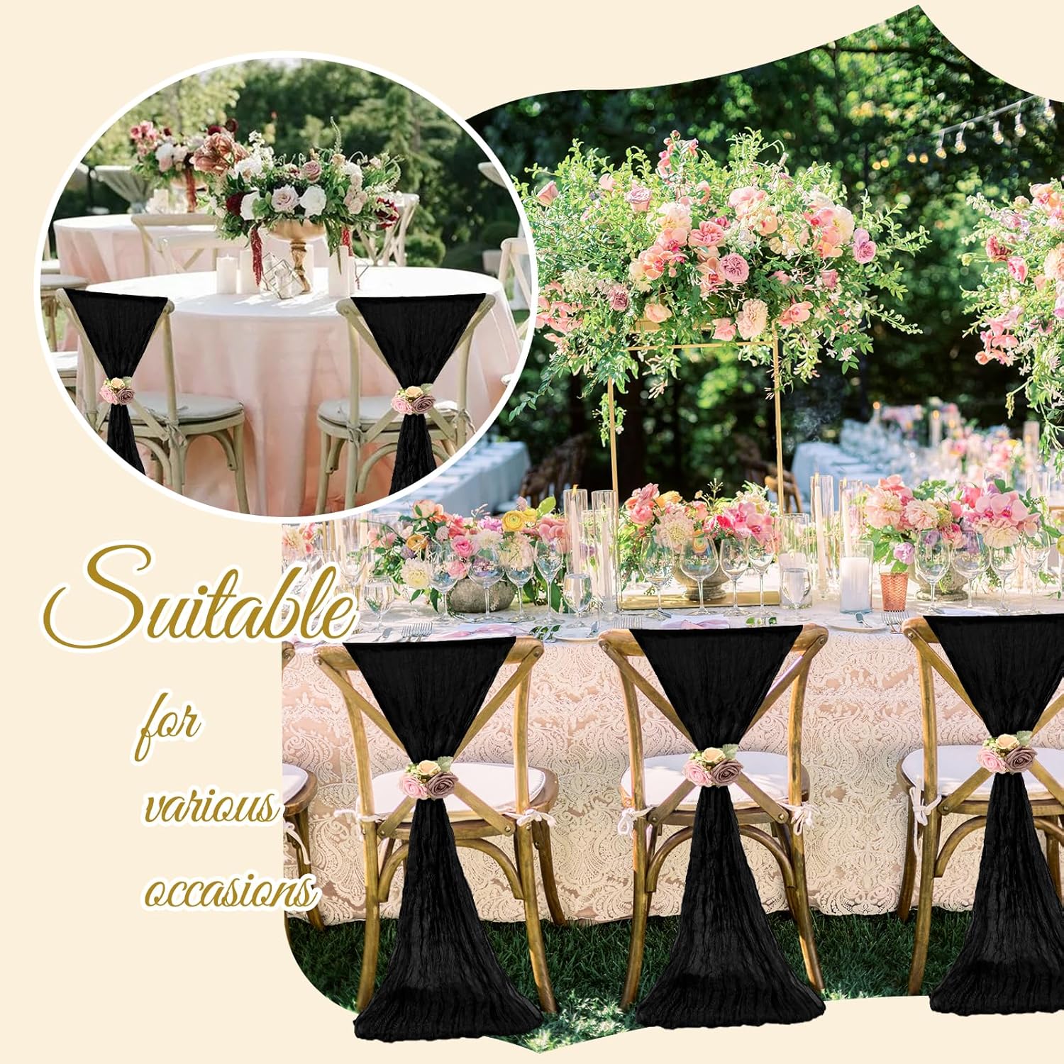 36 Pcs Black Cheesecloth Chair Sashes for Weddings and Parties