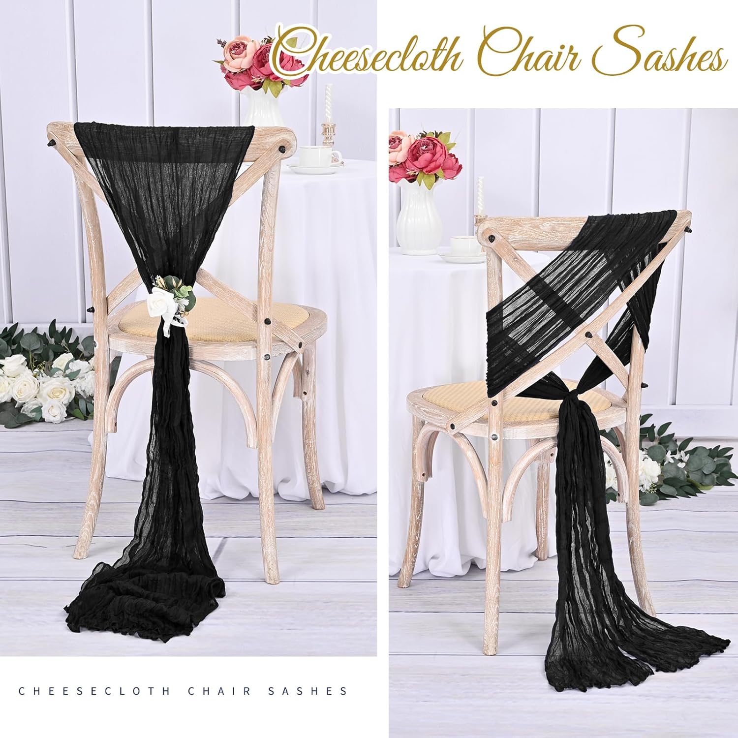 36 Pcs Black Cheesecloth Chair Sashes for Weddings and Parties