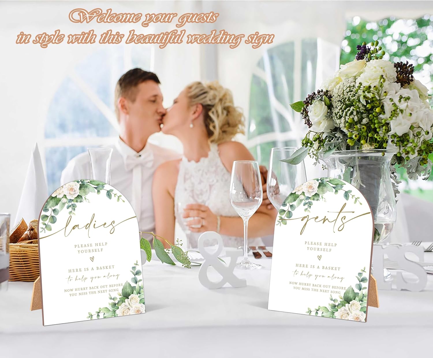 2 Pack White Rose Wedding Signs with Stand