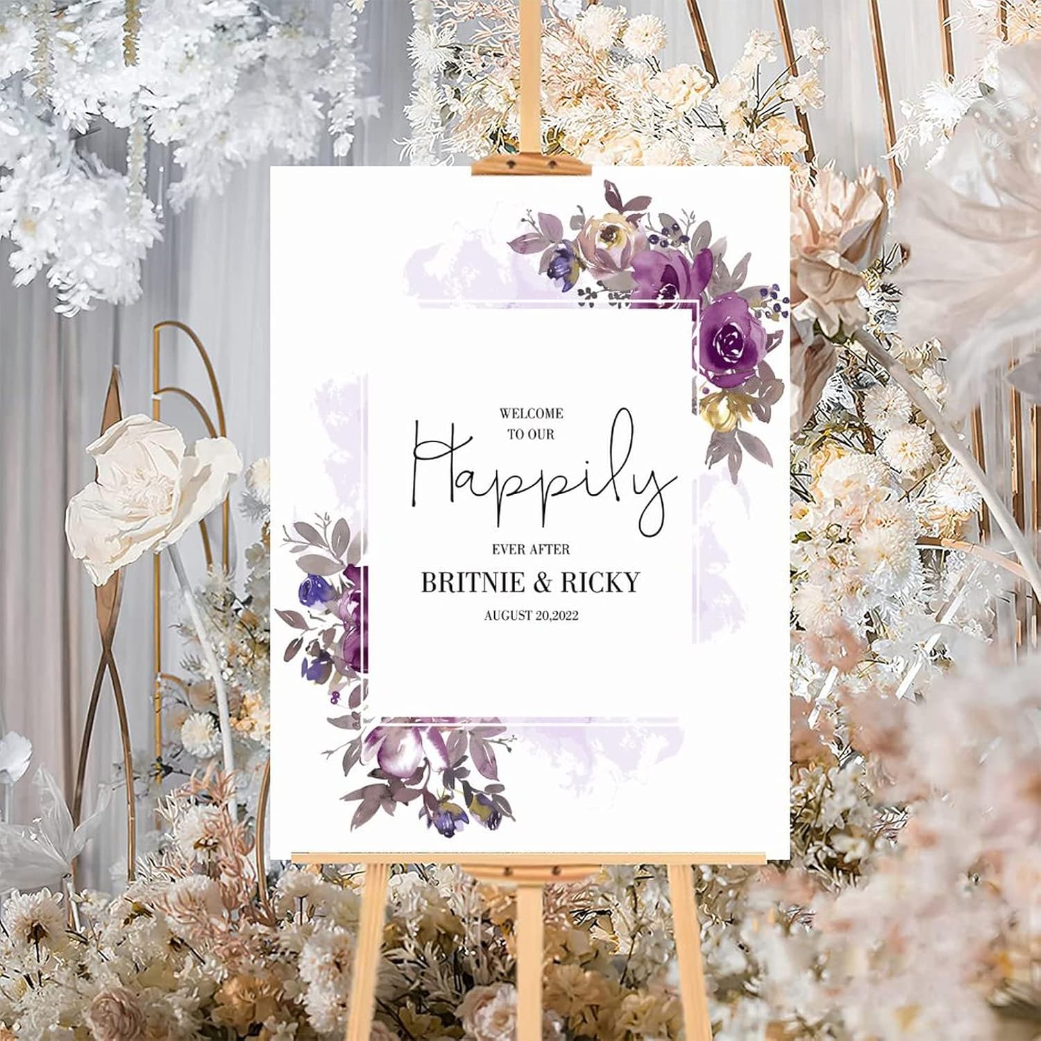 Alioyoit Purple Floral Custom Wood Wedding Sign