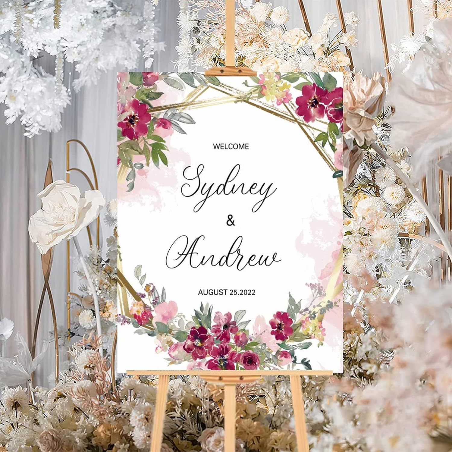 Alioyoit Pink Floral Customizable Wedding Welcome Sign