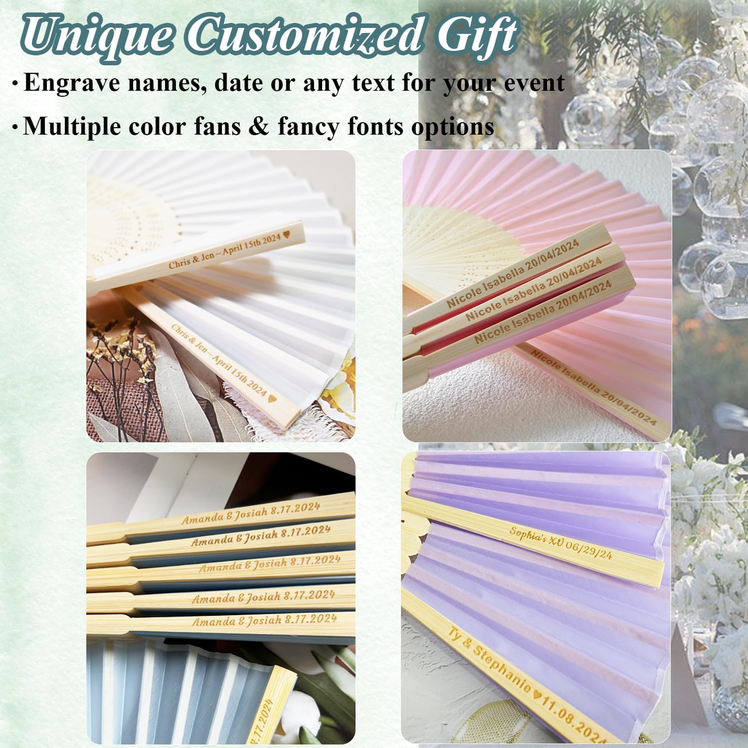 30pcs Personalized Purple Folded Hand Fans for Wedding Guests