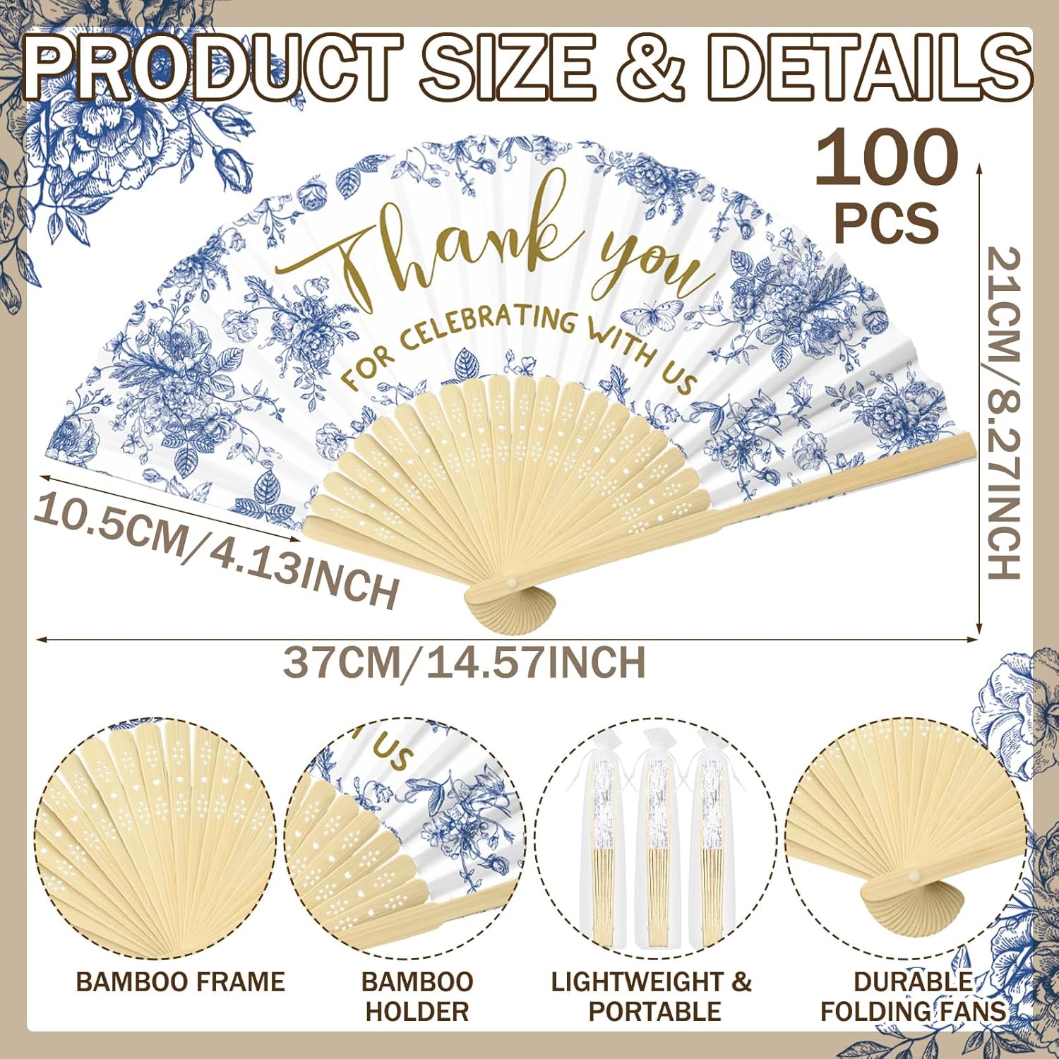 50 Pcs Wedding Foldable Fans with Organza Bags