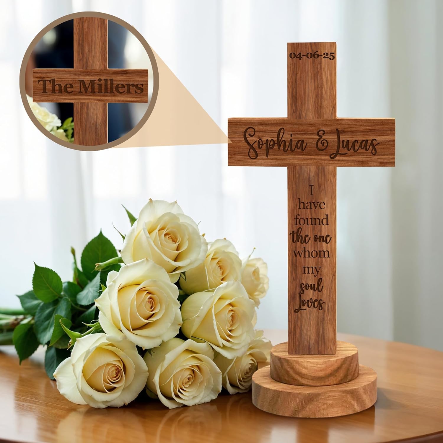 Personalized Wedding Cross Wood Sign with Engraved Names