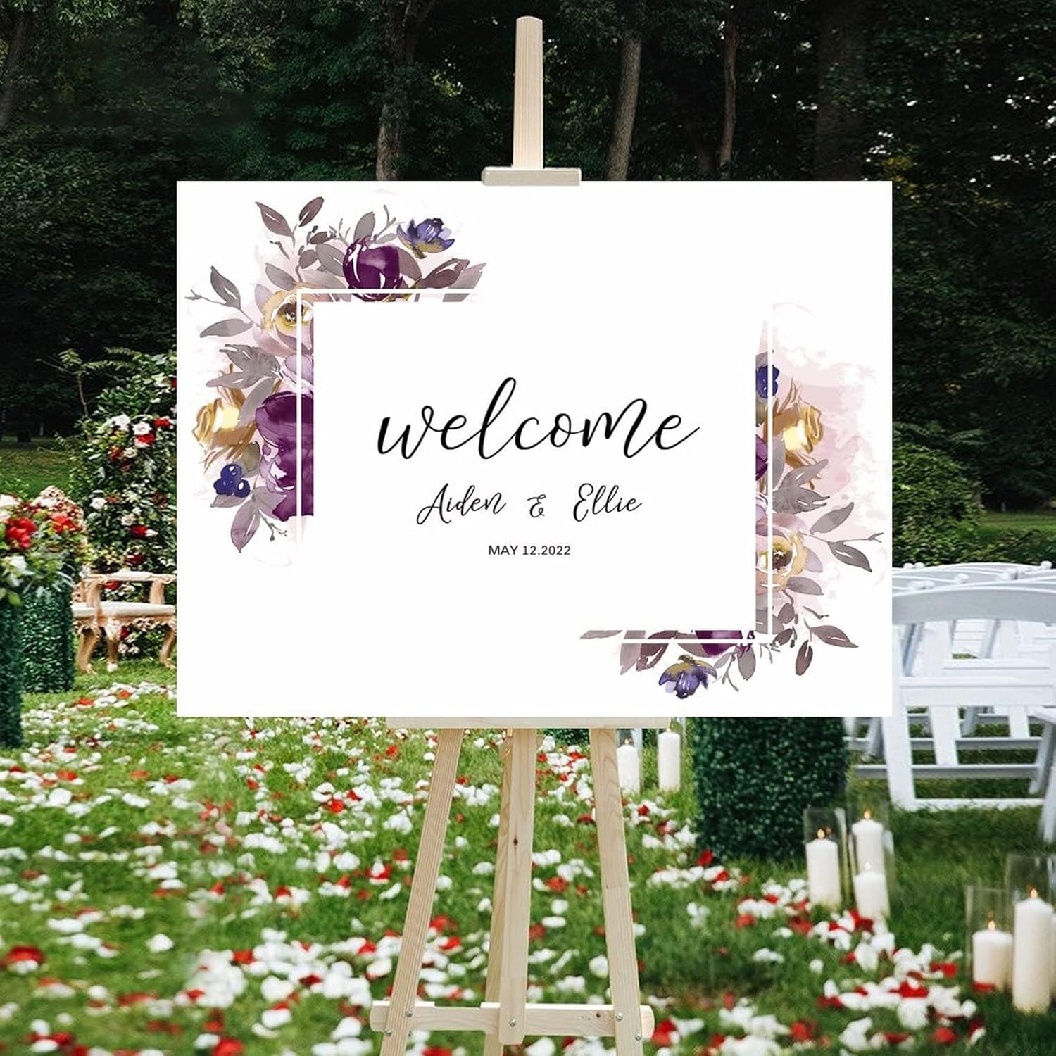 Purple Floral Wreath Wedding Welcome Sign