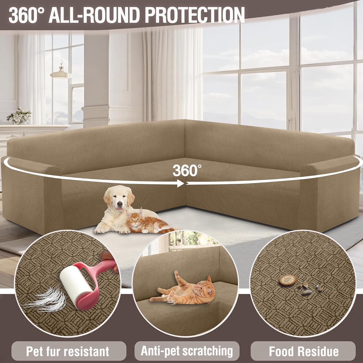 Jacquard L-Shaped Sectional Sofa Cover for Pets - Brown Khaki X-Large