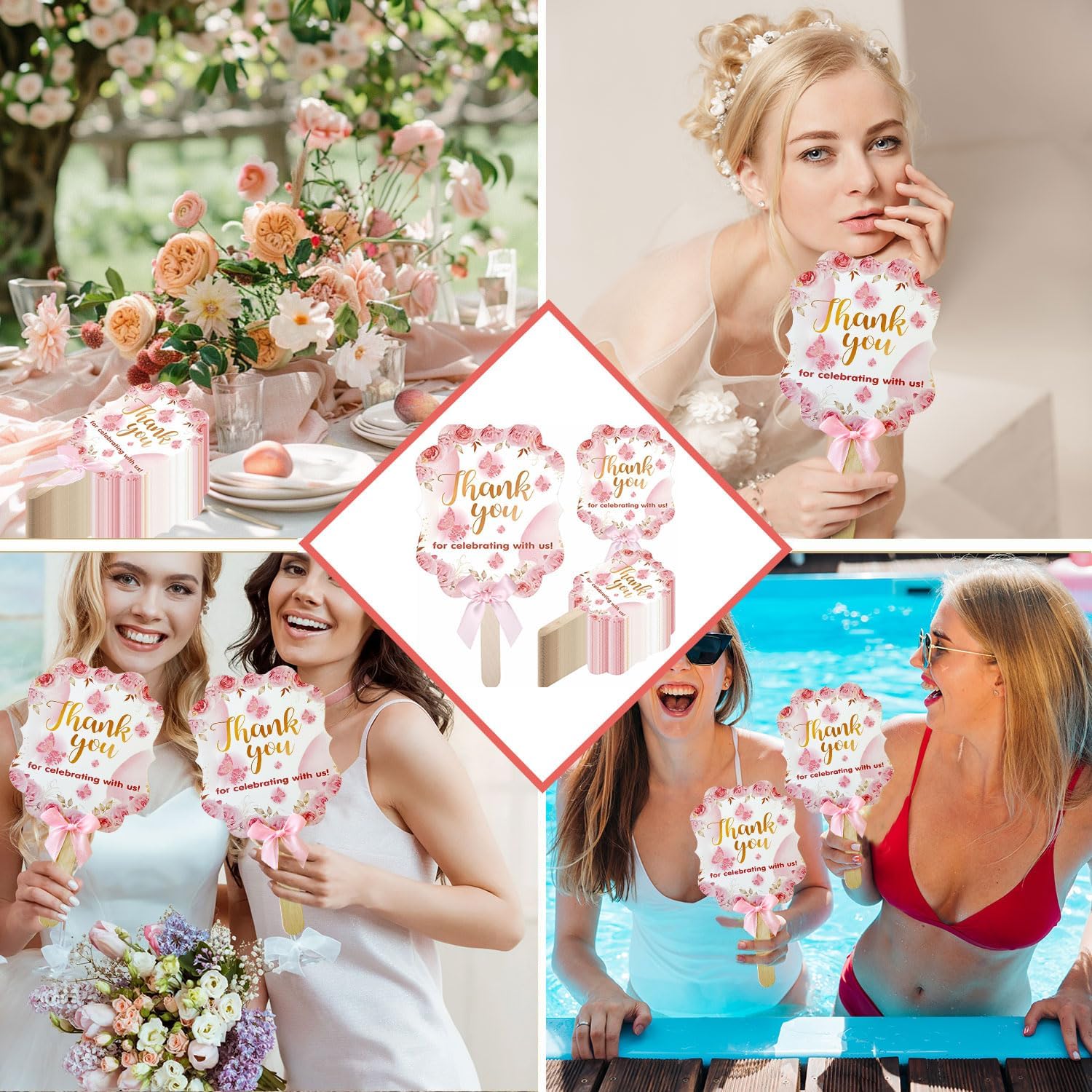 50 Pink Wedding Fans with Wood Sticks and Bows
