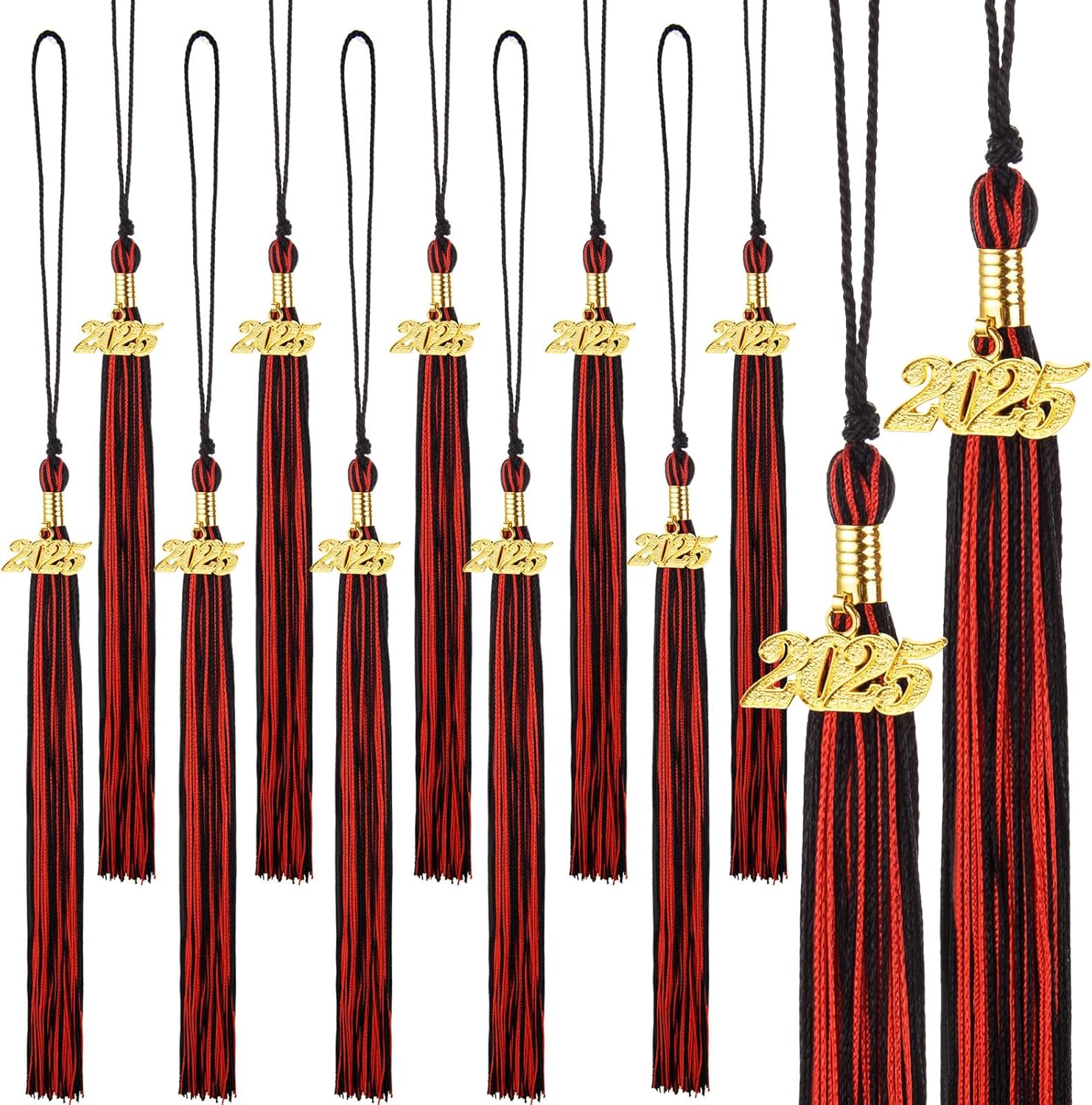 12 Graduation Tassels with 2025 Black Red Charms
