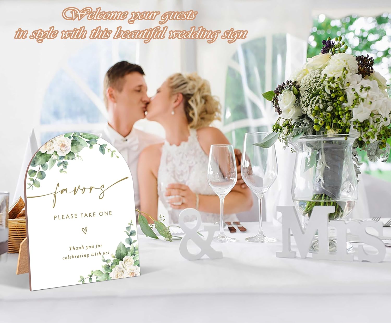 White Rose Wedding Arch Sign with Stand
