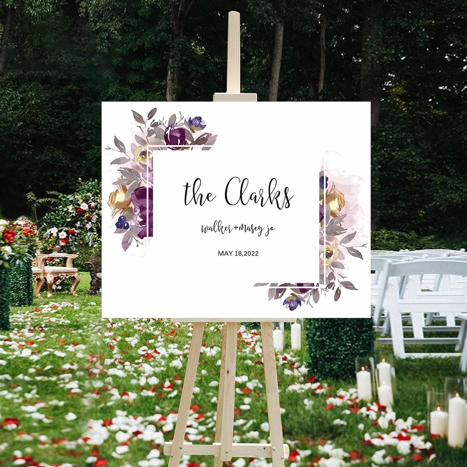 Customizable Purple Floral Wedding Welcome Sign 16x20 Inch