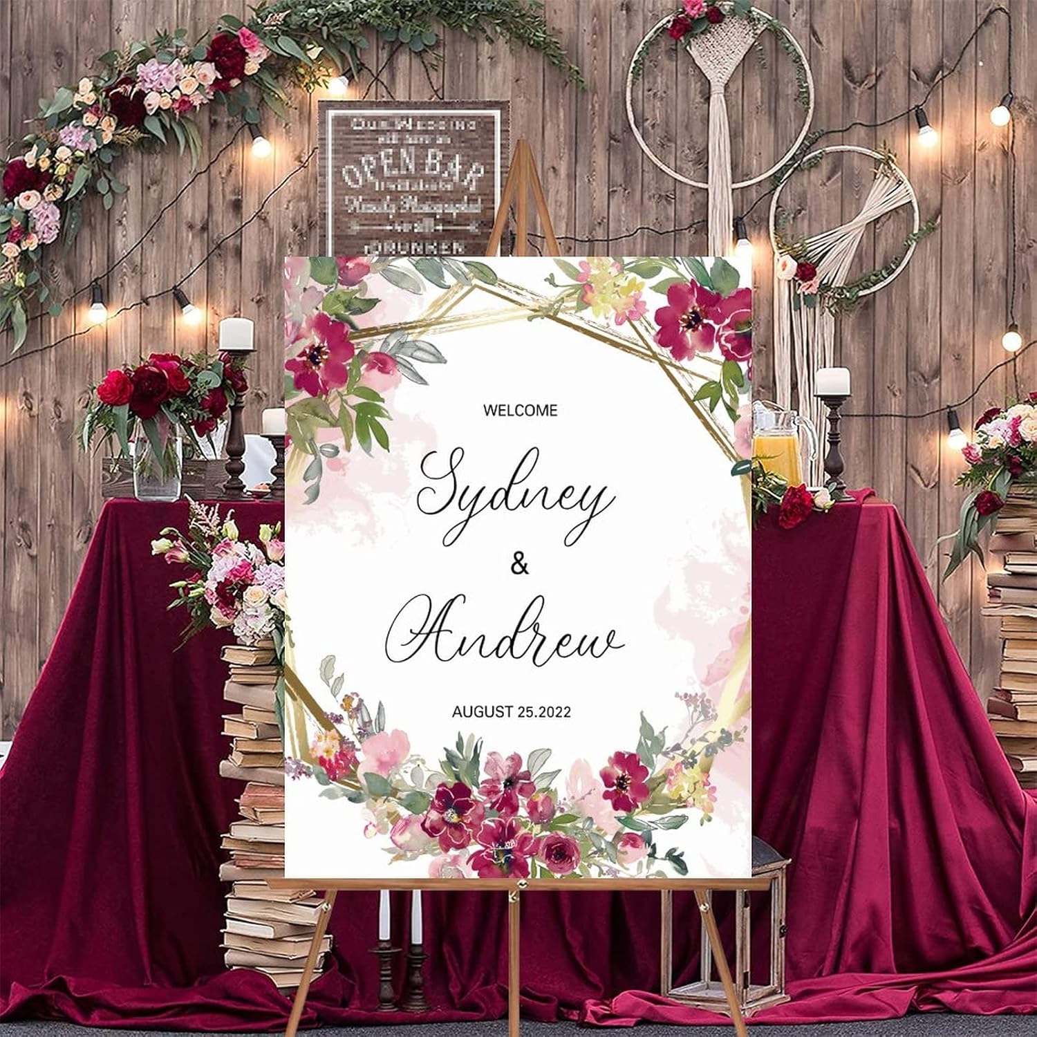 Alioyoit Pink Floral Customizable Wedding Welcome Sign