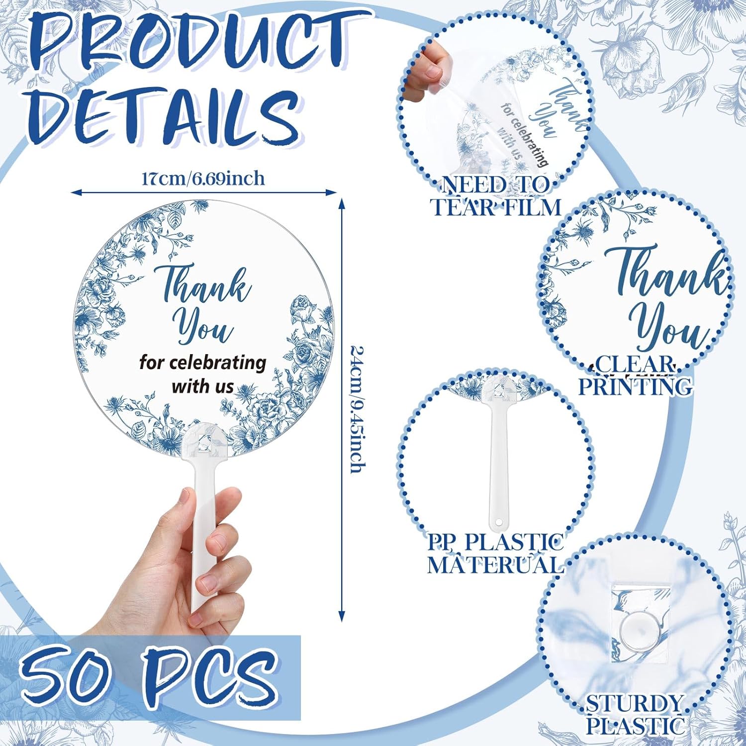 Geelin 50 Pcs Blue Flower Wedding Fans for Guests and Bridesmaids