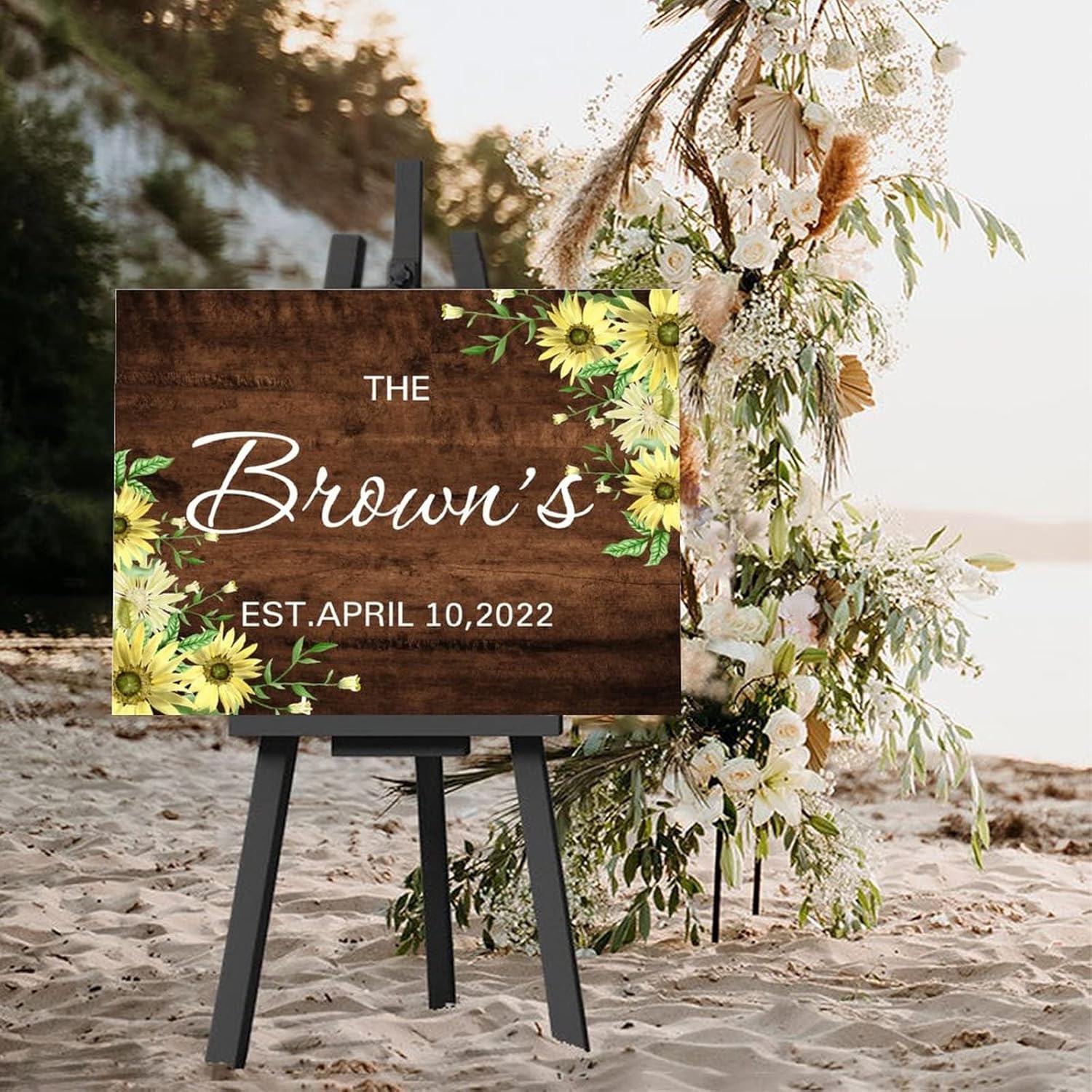 Customizable Wedding Welcome Sign Sunflower Brown Wood