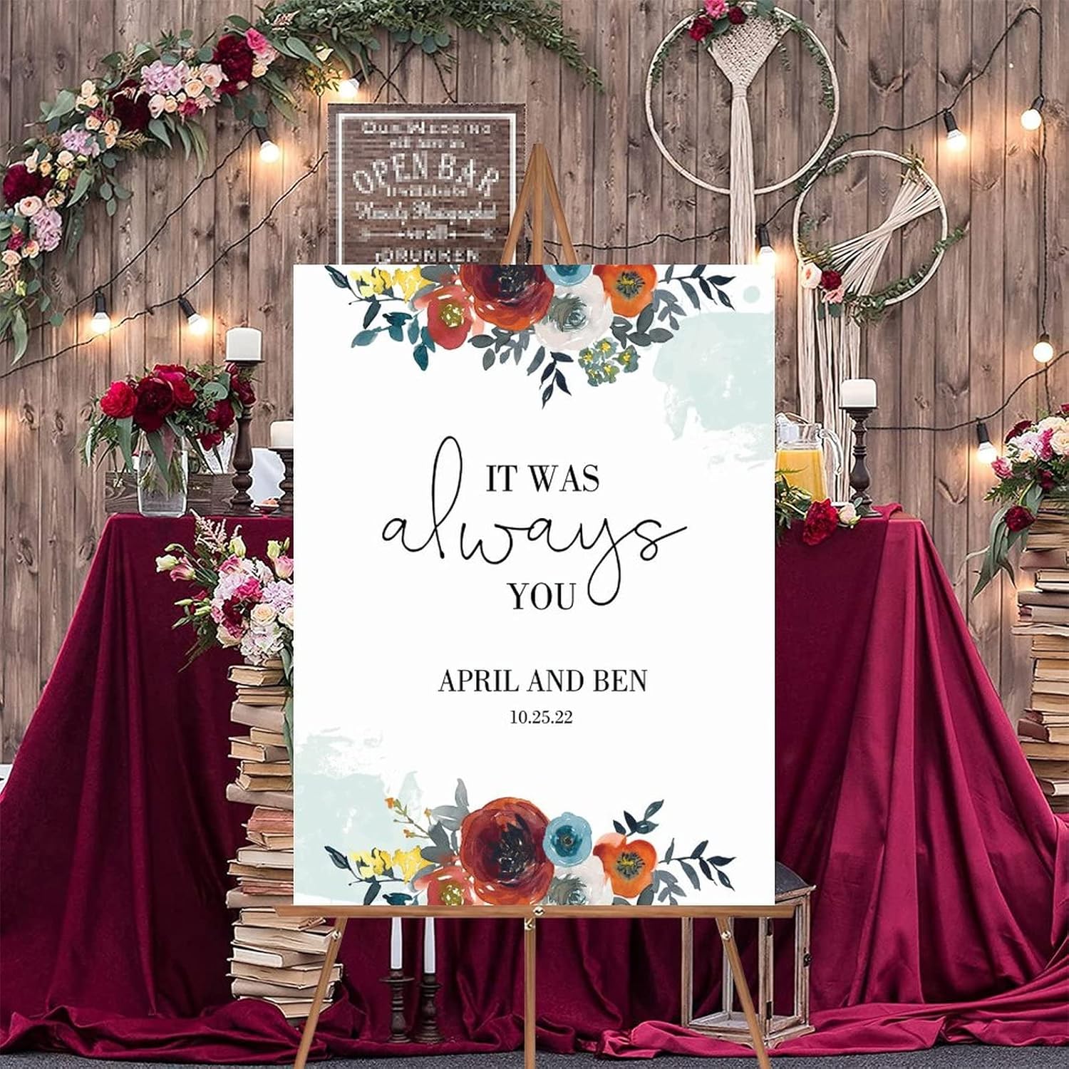 Alioyoit Red Floral Personalized Wood Wedding Sign