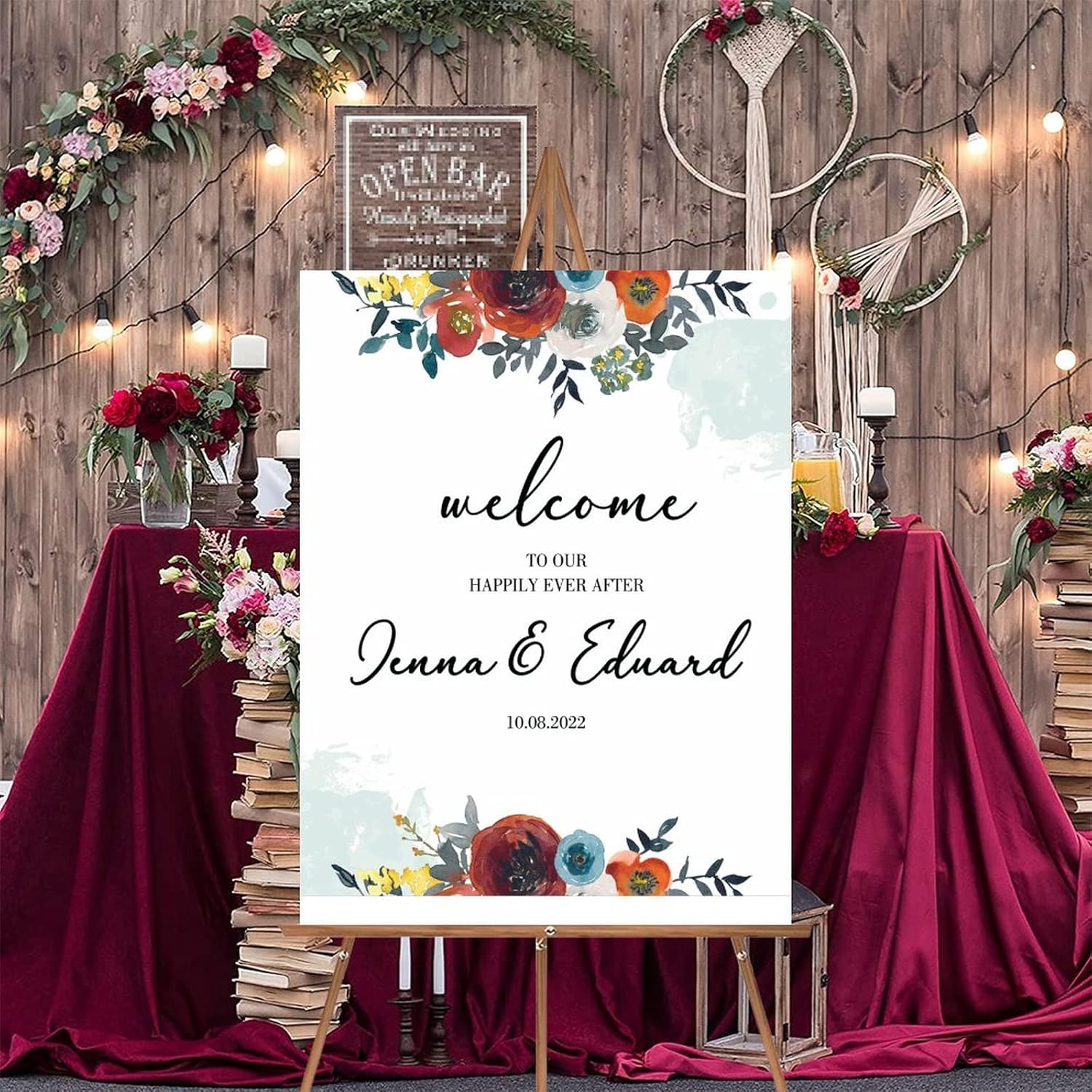 Customizable Red Floral Wedding Welcome Sign 12x16 Inch