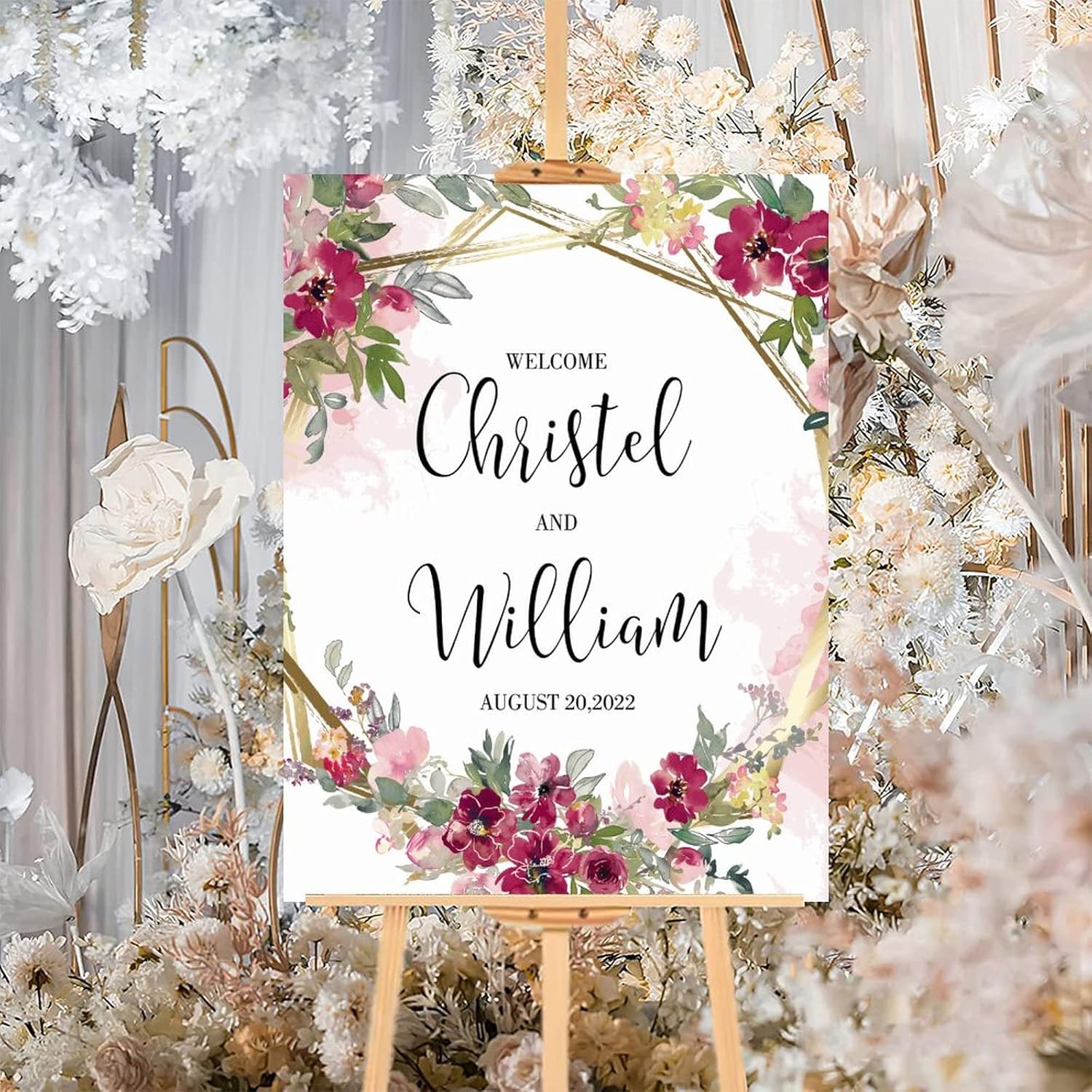 Personalized Pink Floral Wedding Welcome Sign 12x16 Inch