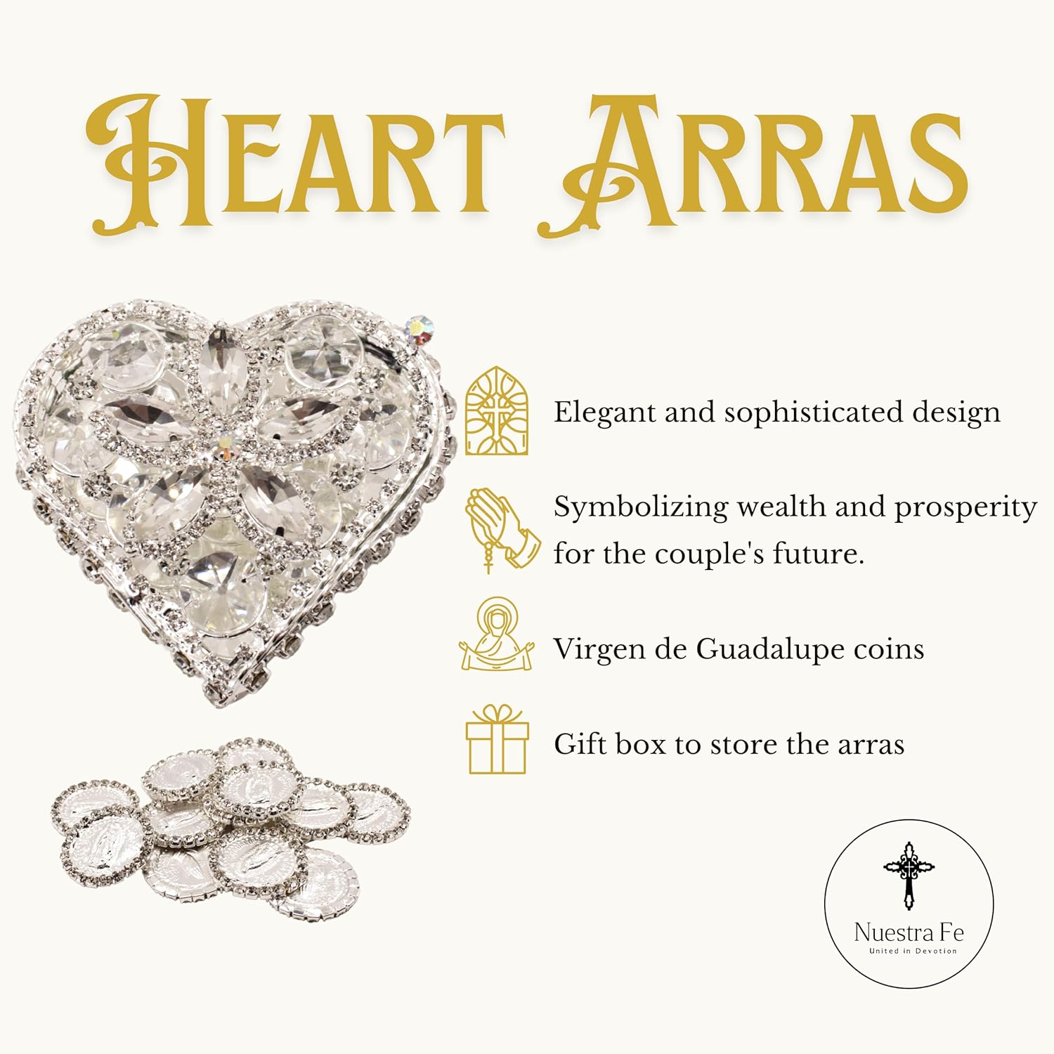 Catholic Wedding Arras Set with 13 Coins and Virgen de Guadalupe Image