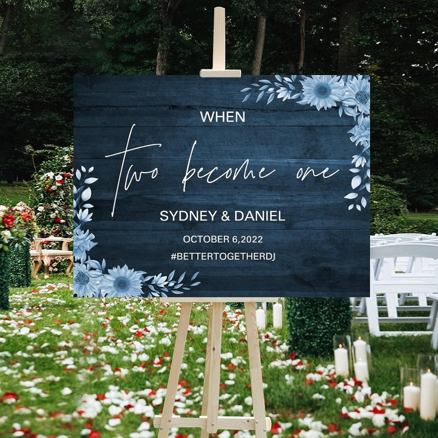 Floral Blue Wood Wedding Welcome Sign Customizable