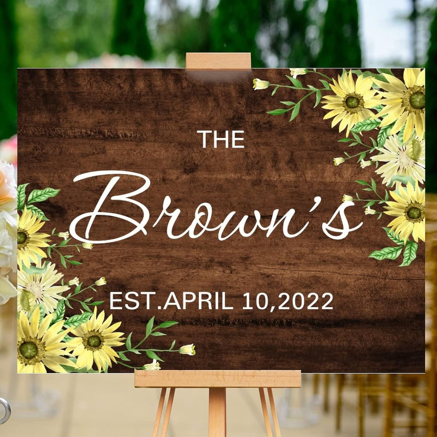 Customizable Wedding Welcome Sign Sunflower Brown Wood