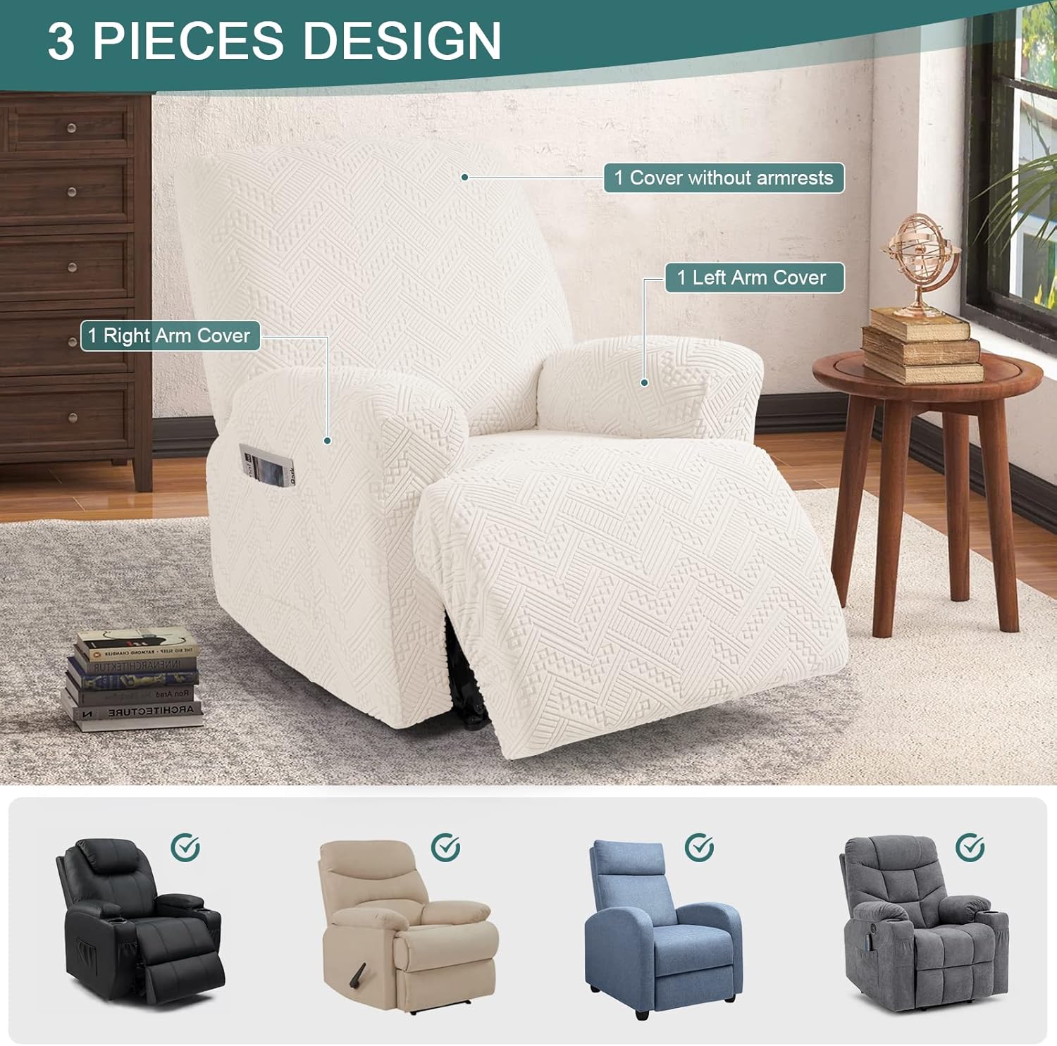 Ruaozz Recliner Sofa Cover with Pockets and Elastic Bottom