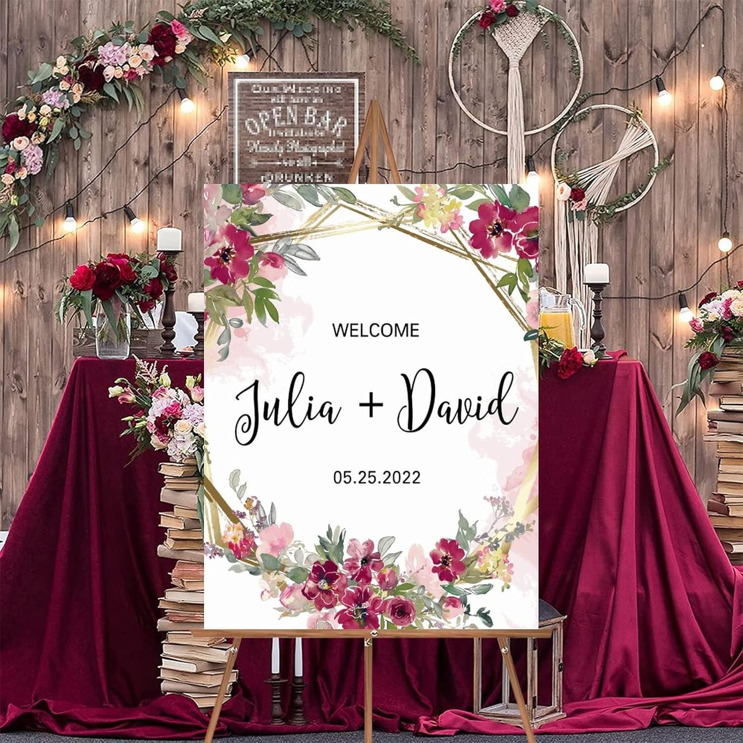 Alioyoit Pink Floral Welcome Sign 12x16 Inch Wood Wedding Sign