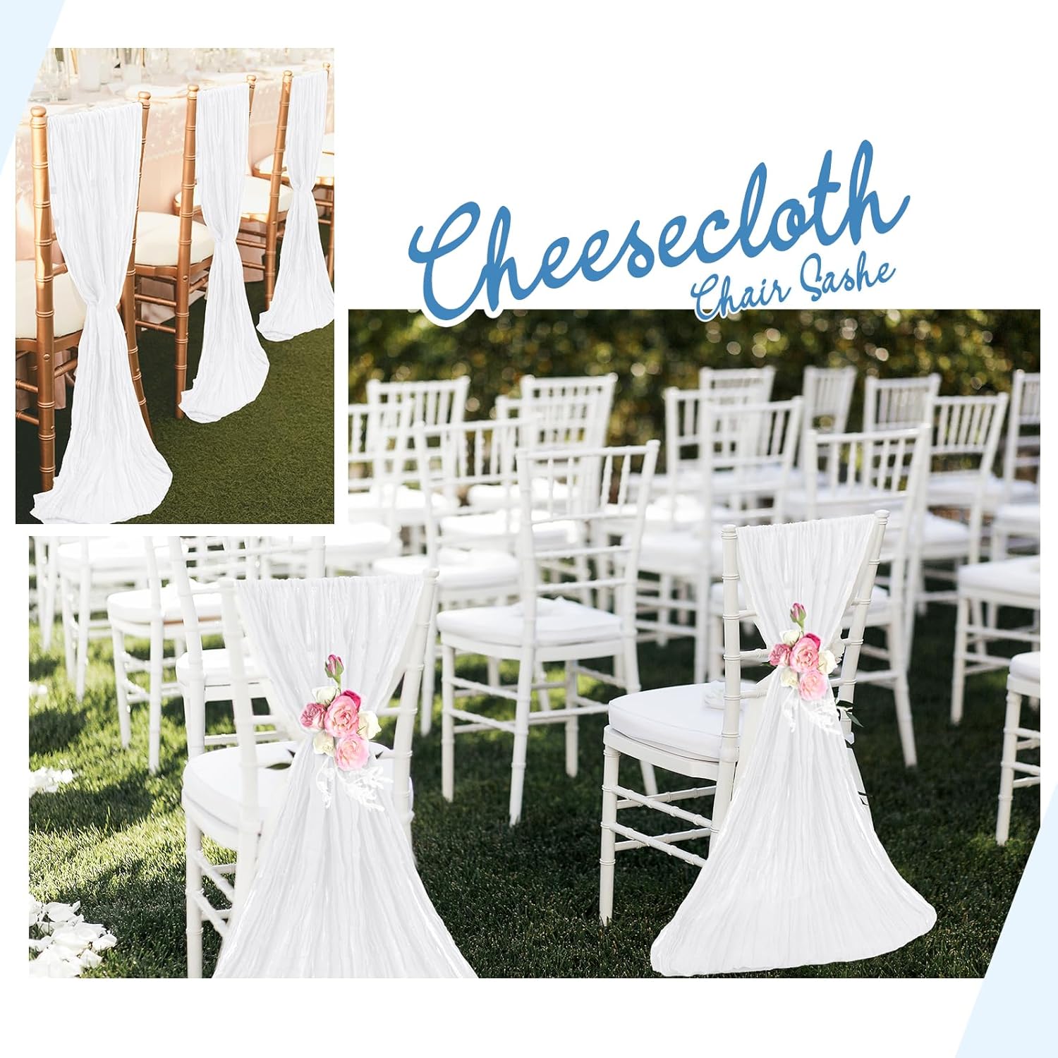 50 PCS White Cheesecloth Chair Sashes for Wedding Banquet