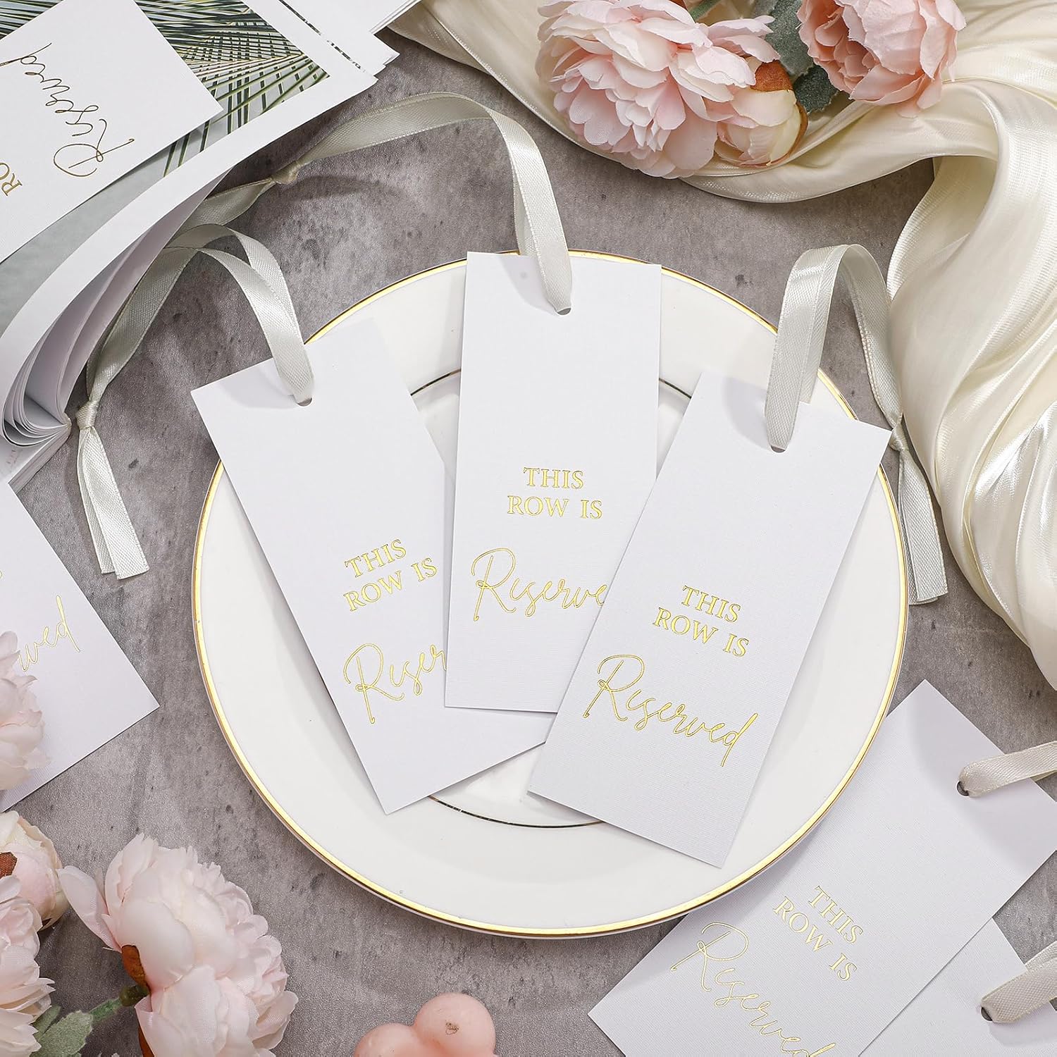 Clabby 12 Pack Gold Reserved Chair Signs with Ribbon