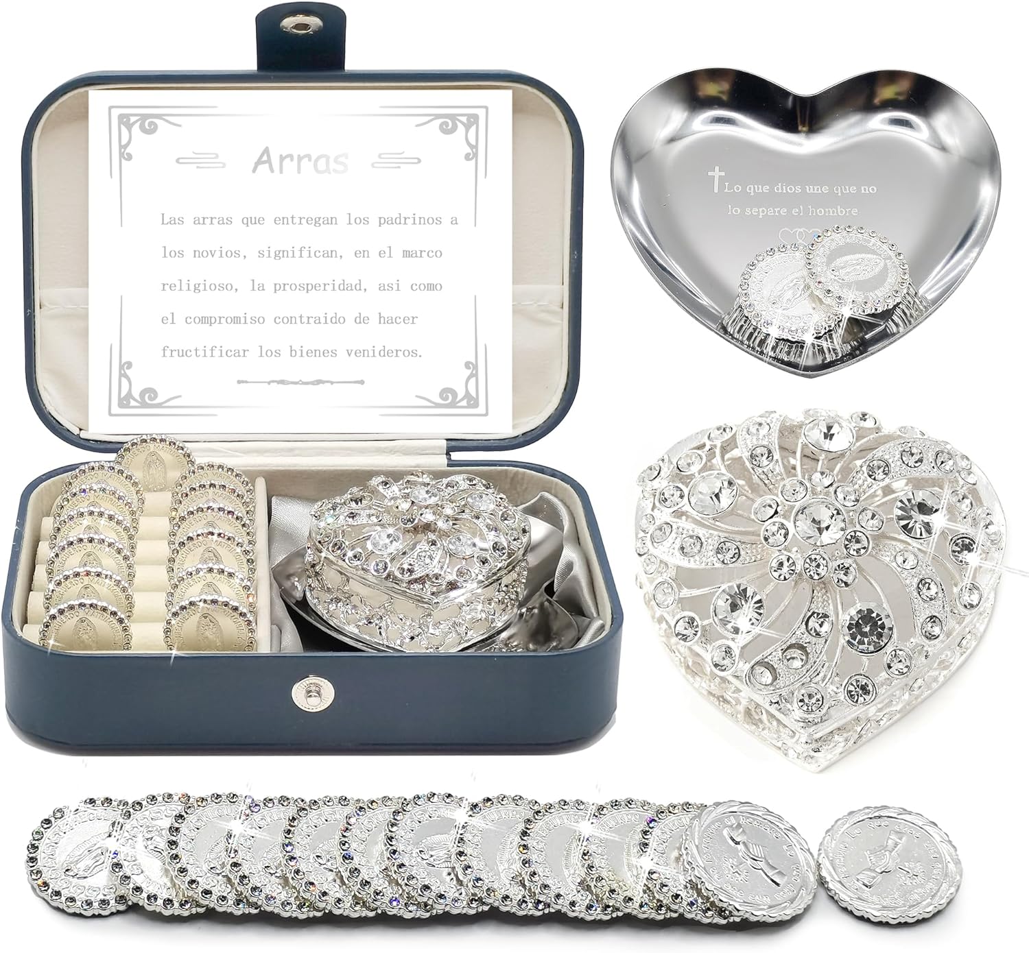 Catholic Wedding Arras Coins Set with Silver Box