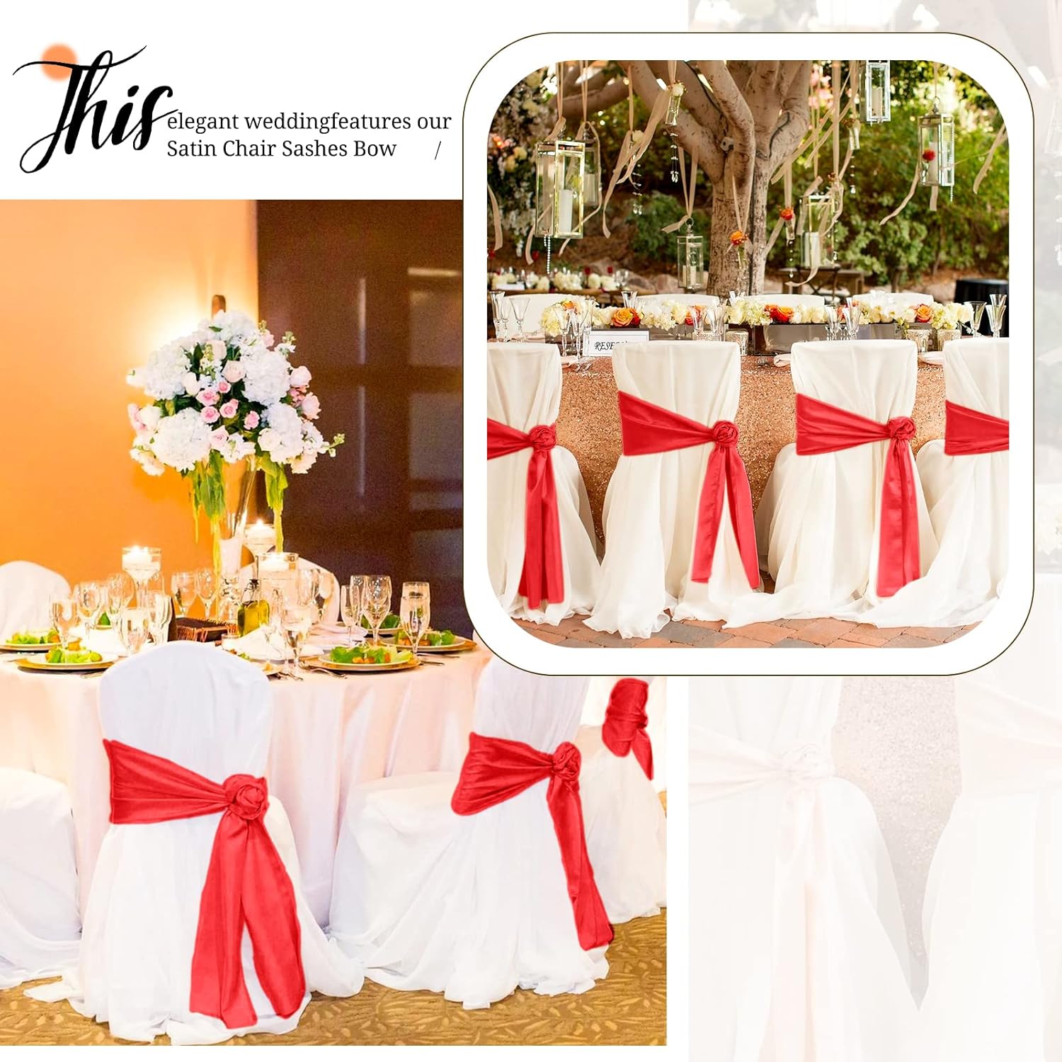 Pesonlook 50PCS Red Satin Chair Sashes for Decor