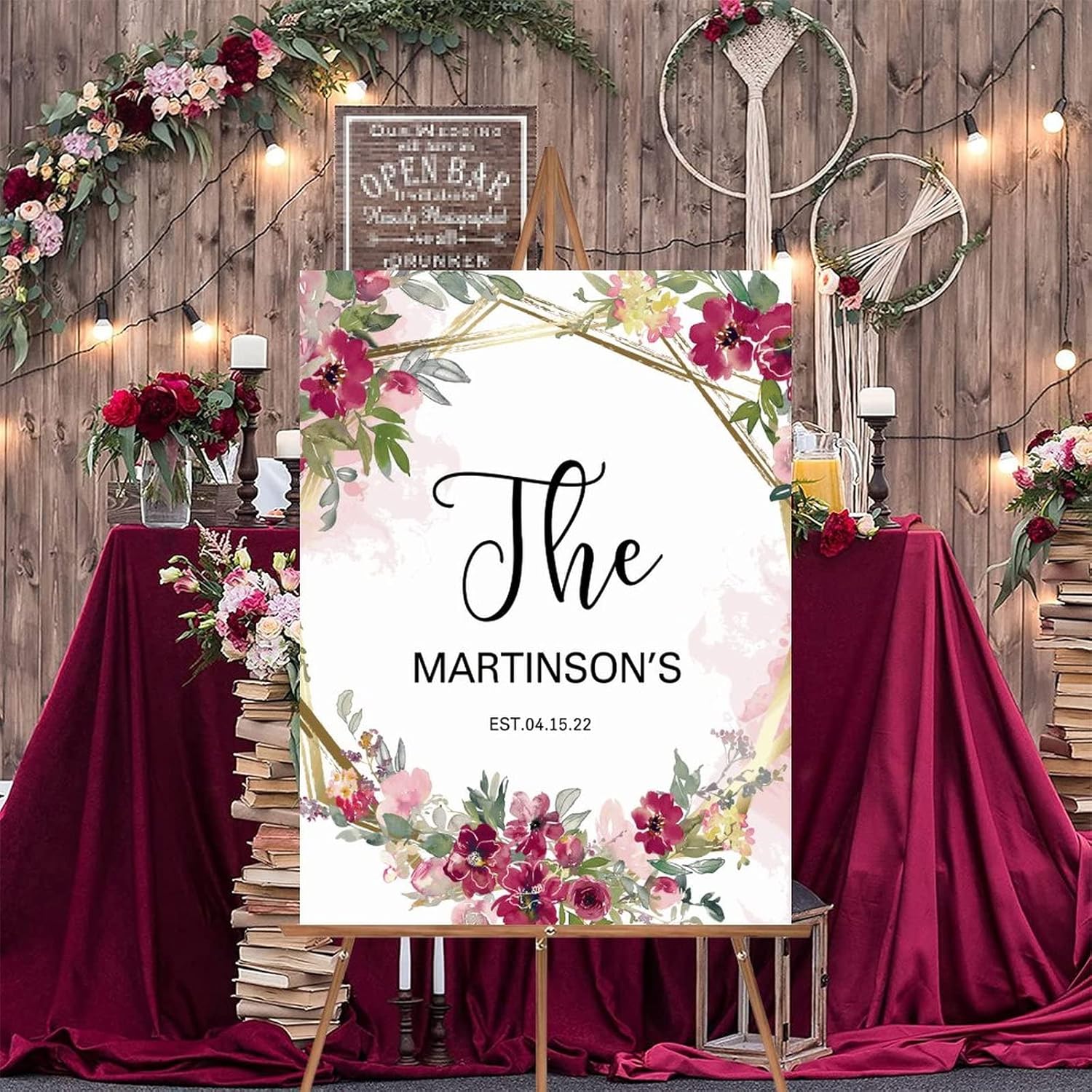 Customizable Pink Floral Wedding Welcome Sign 12x16 Inch