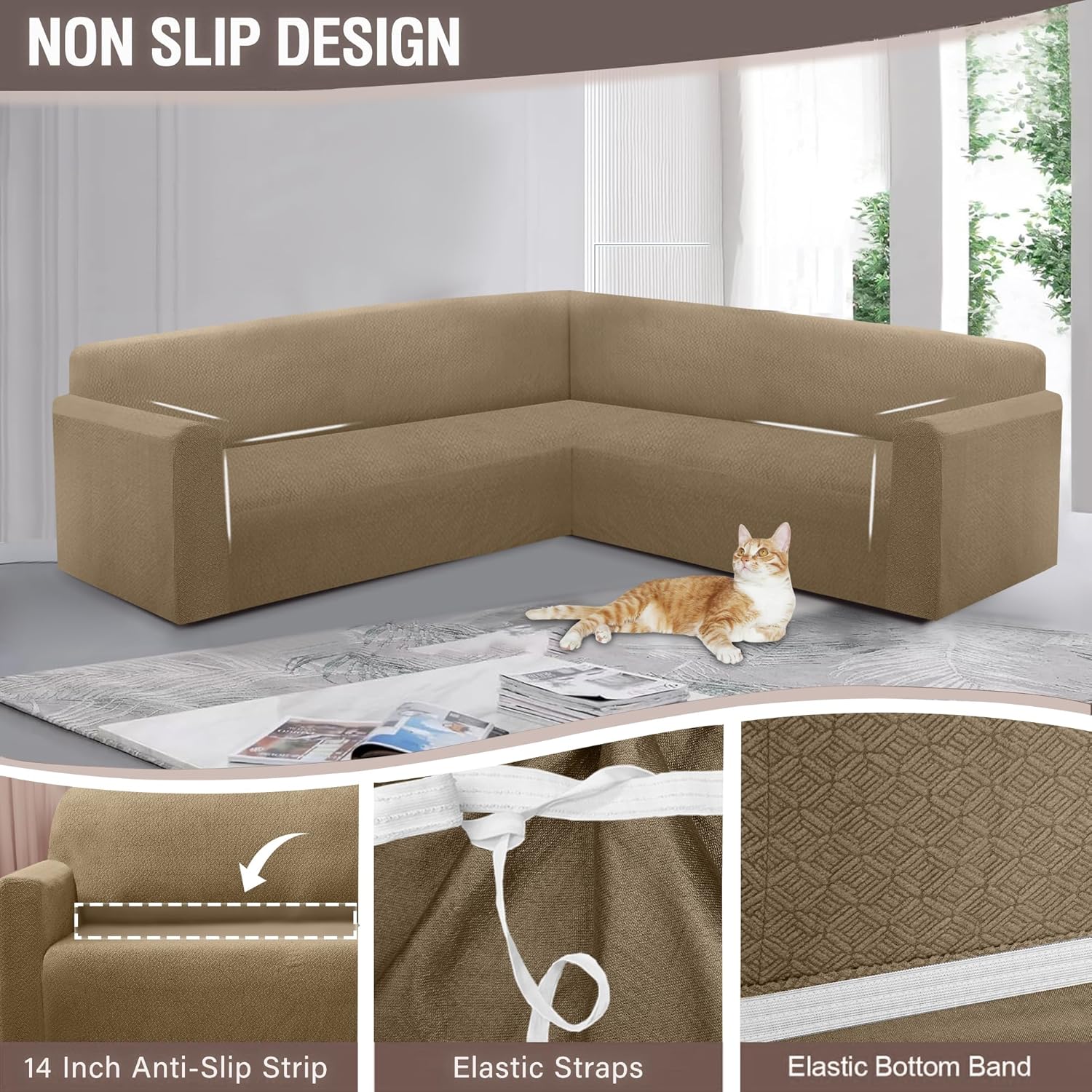 Jacquard L-Shaped Sectional Sofa Cover for Pets - Brown Khaki X-Large