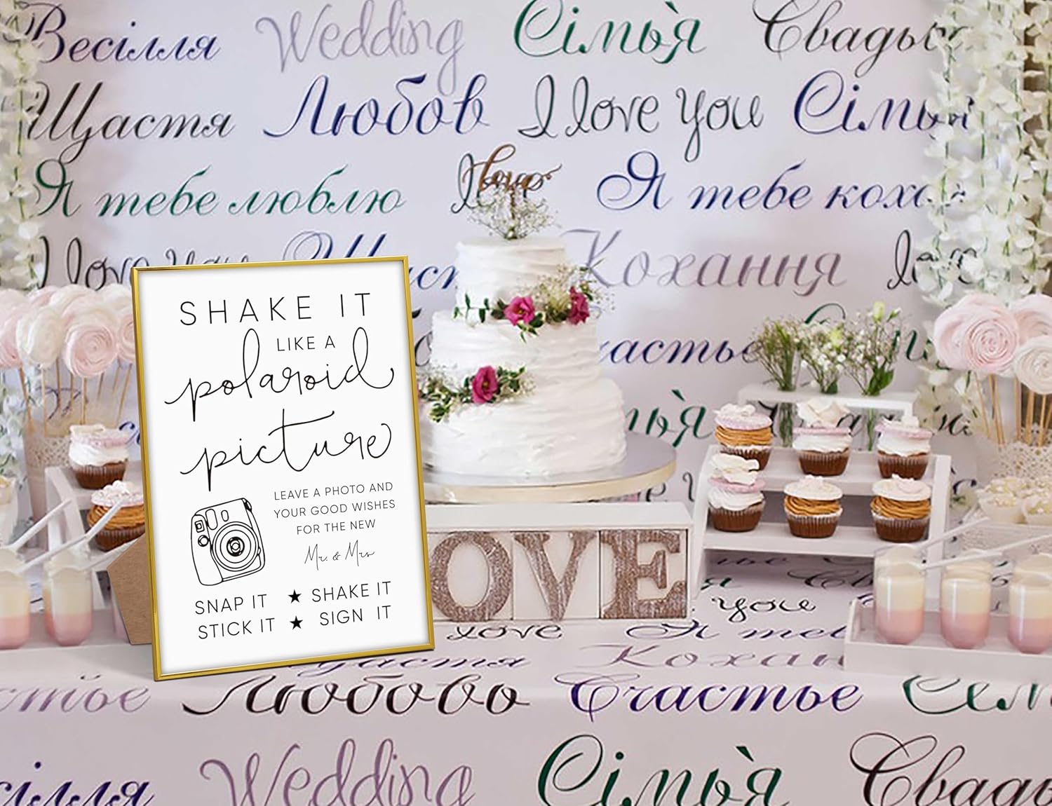 Elegant Gold Frame Wood Wedding Sign with Stand