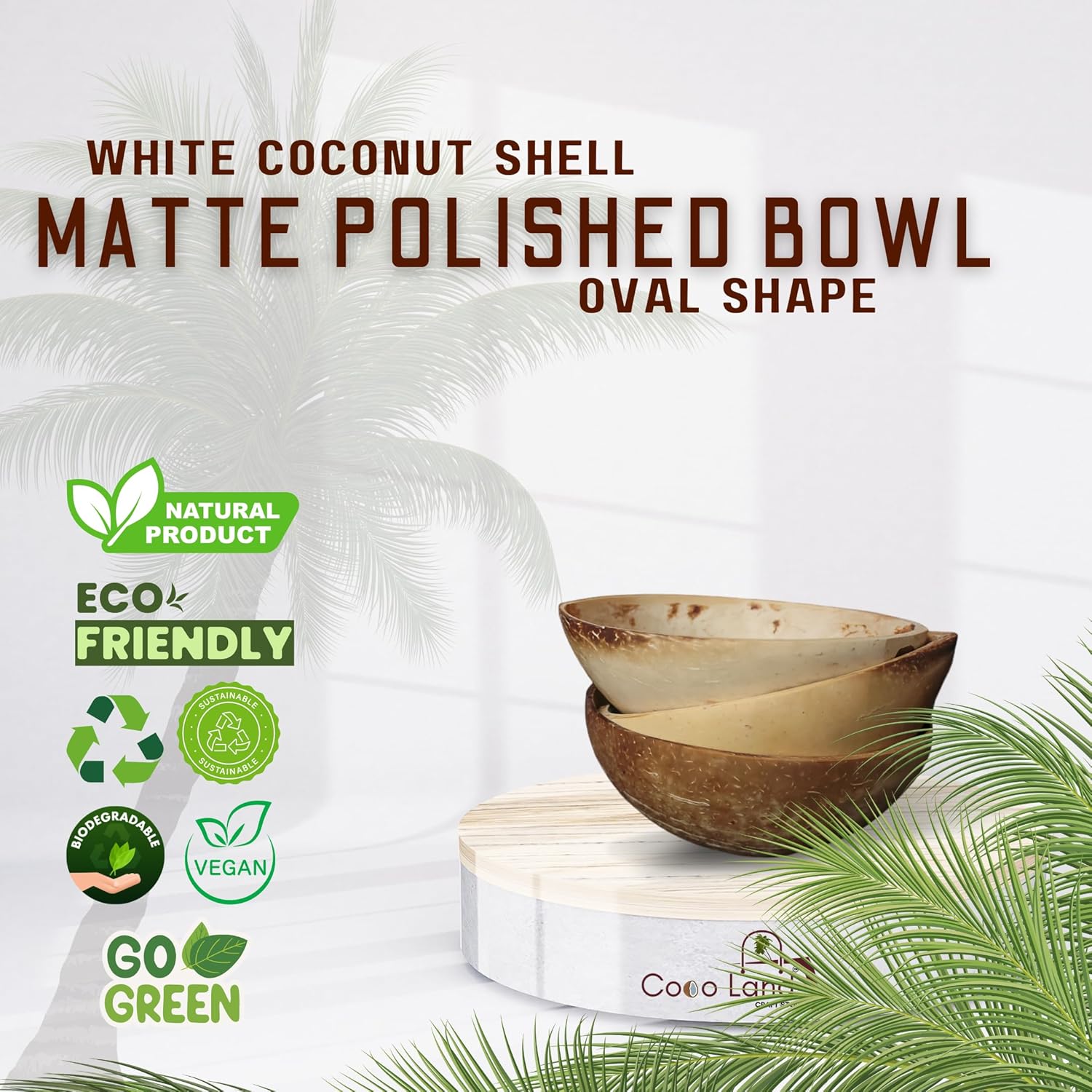 Coco Land White Coconut Shell Matte Polished Oval Bowl Set of 3