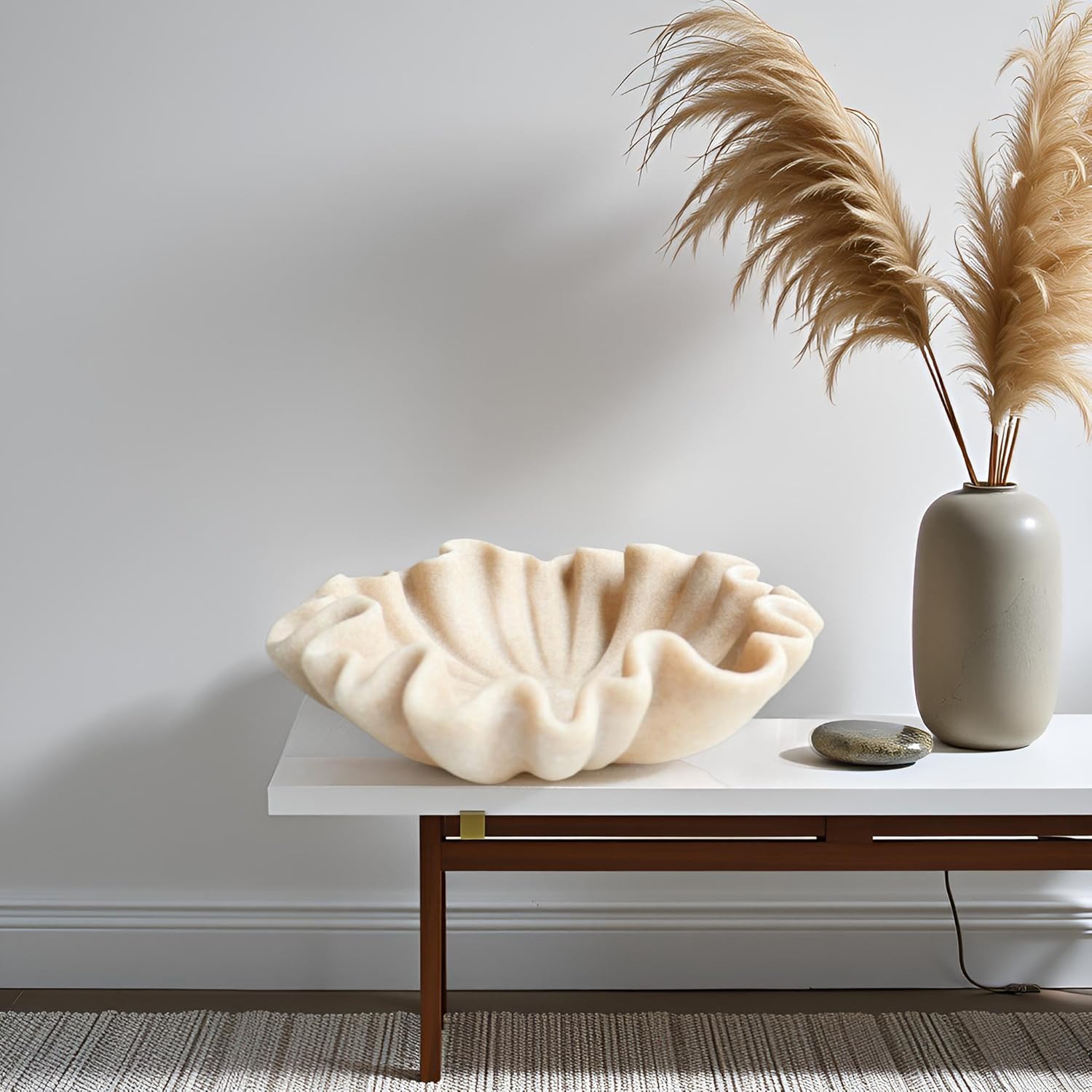 12 Inch Beige Scalloped Decorative Bowl for Keys