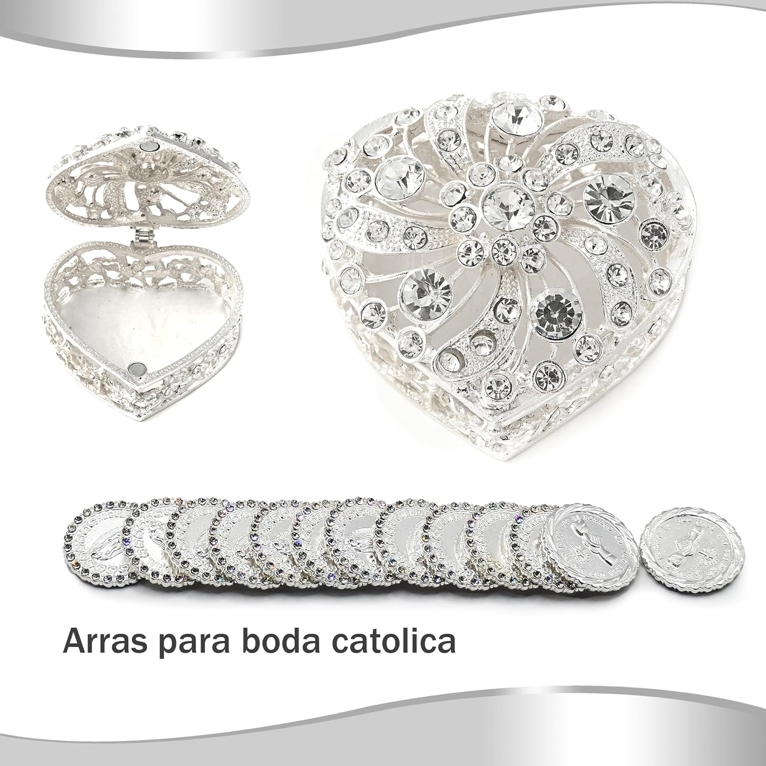 Catholic Wedding Arras Coins Set with Silver Box
