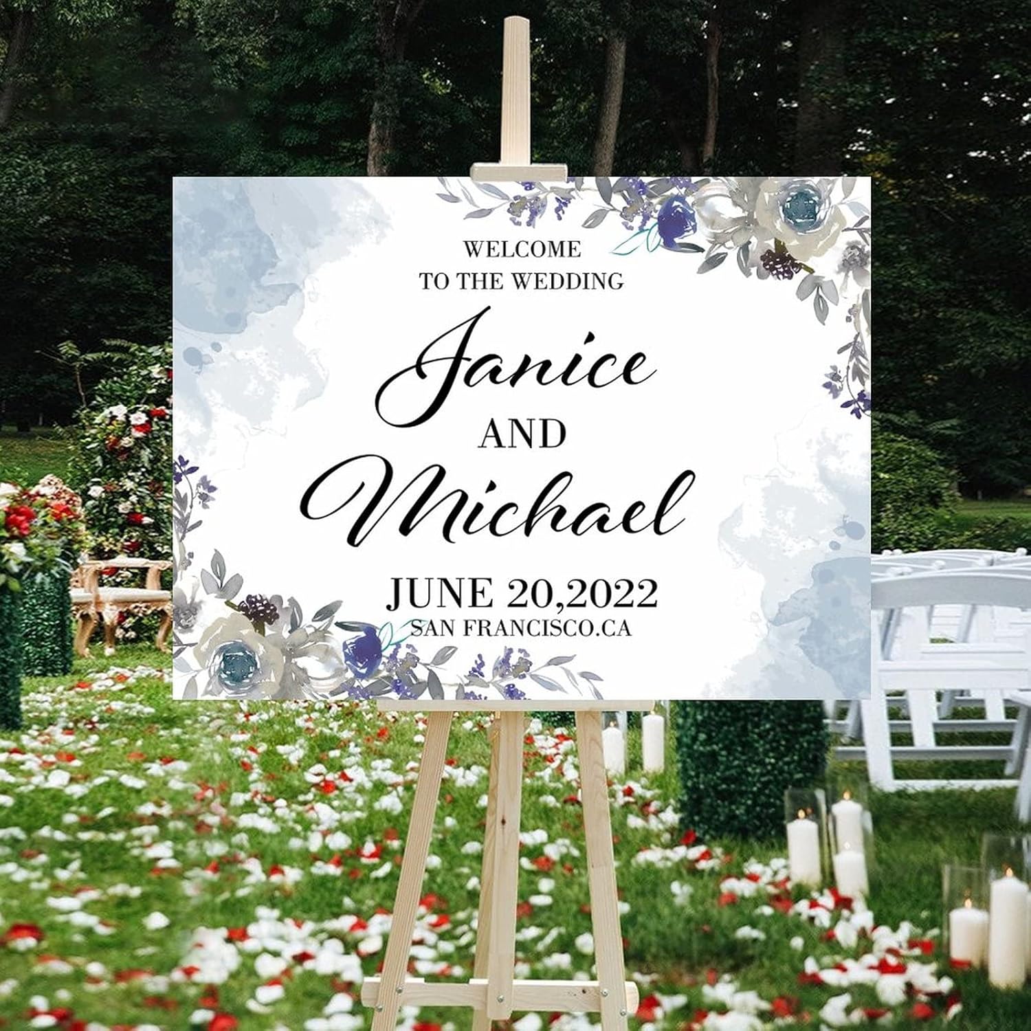 Personalized Blue Floral Wedding Welcome Sign