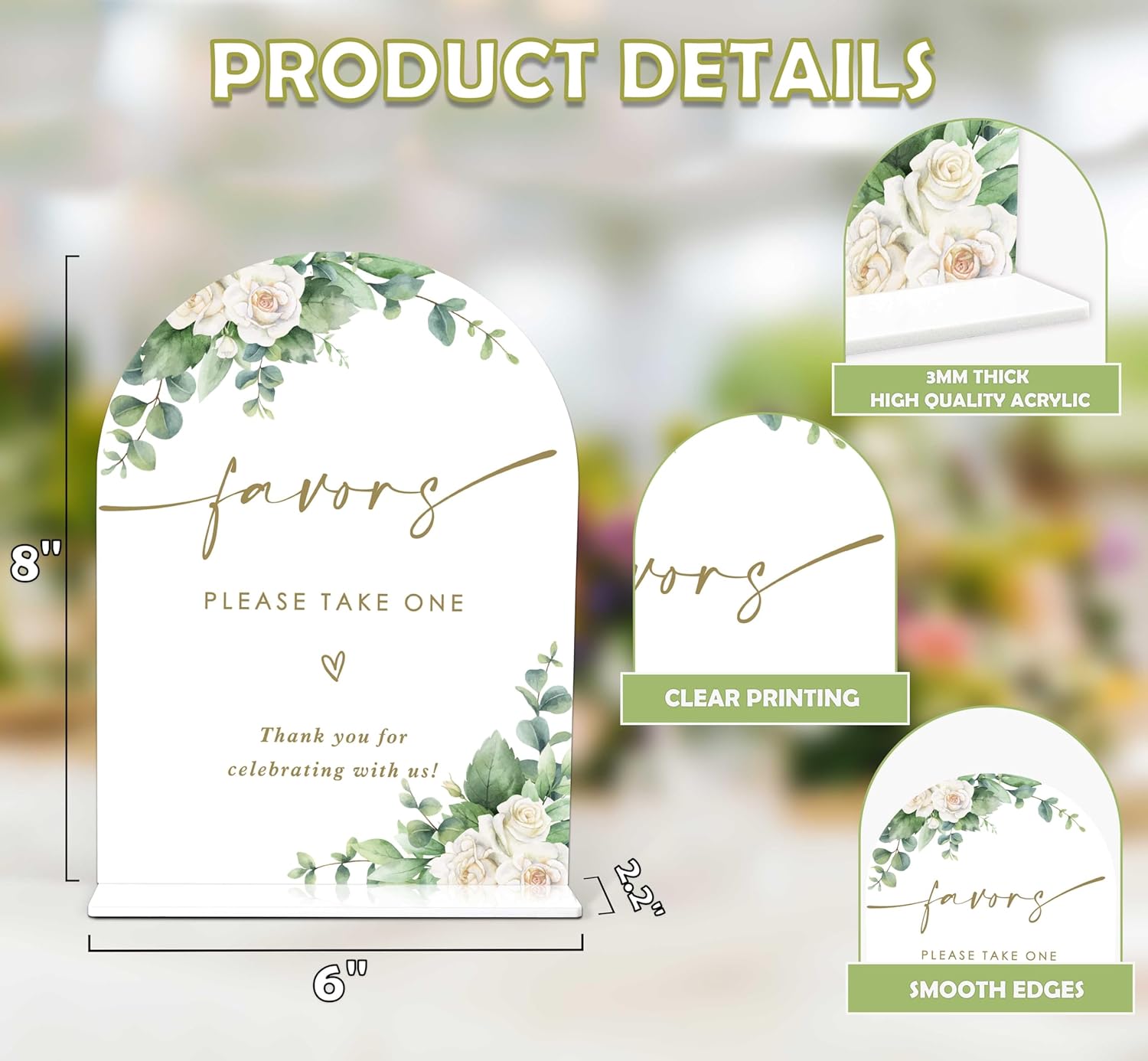 Eucalyptus Rose Wedding Sign with Holder - 6x8 Inch White Acrylic Arch