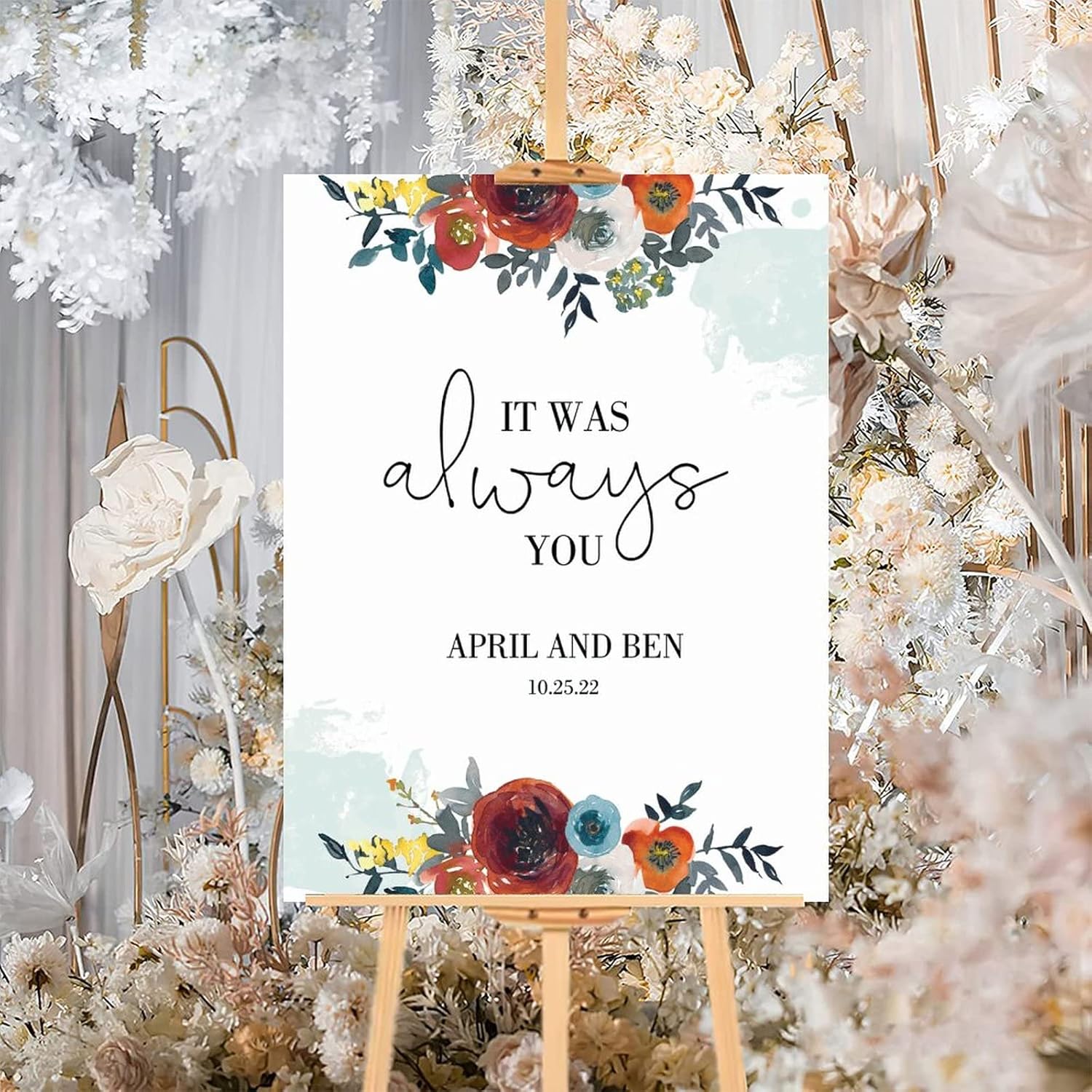 Alioyoit Red Floral Personalized Wood Wedding Sign