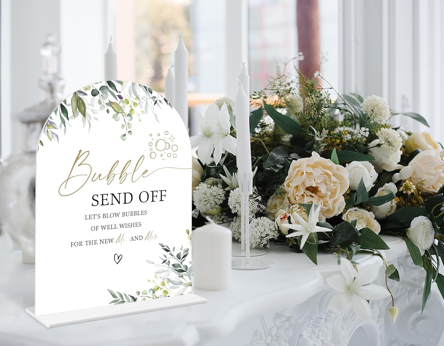 Greenery Bubble Wedding Sign 6x8 Inch White Arch Acrylic Sign with Holder