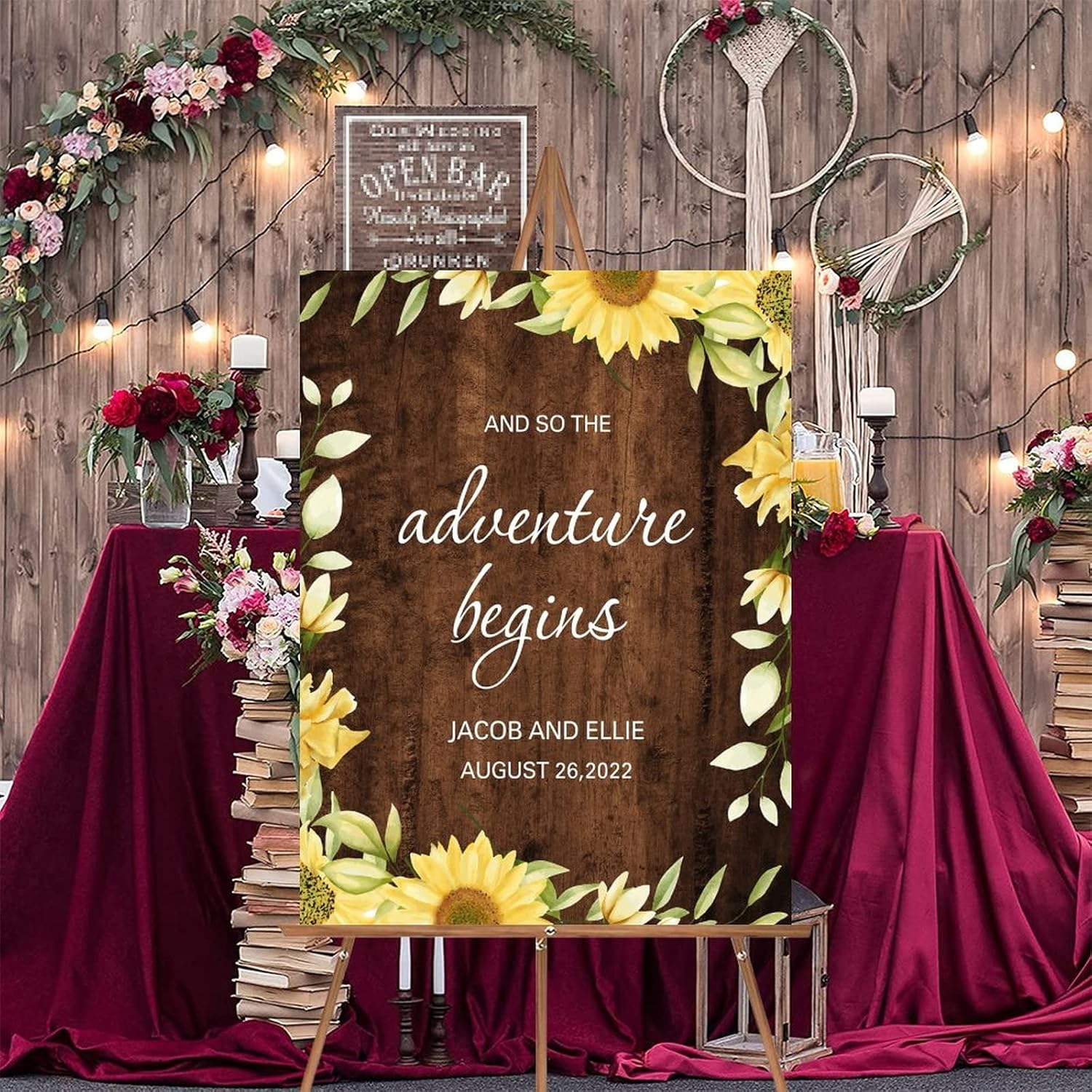 Rustic Wood Wedding Welcome Sign with Sunflower Design