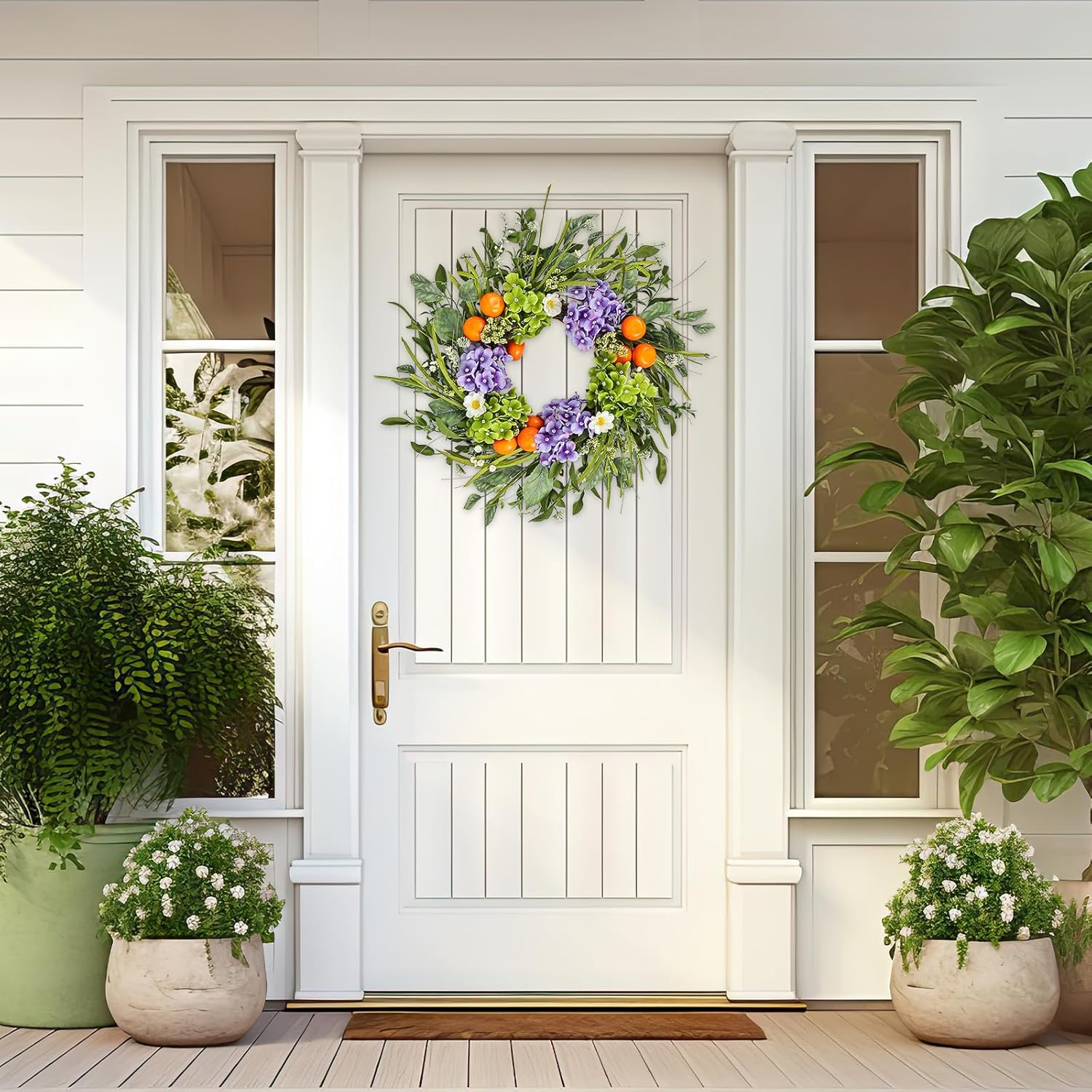 24 Inch Artificial Hydrangea Wreath with Realistic Fruit and Green Leaves