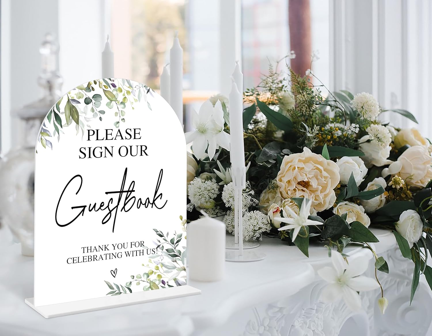 Greenery Guestbook Sign 6x8 Inch White Arch Acrylic Wedding Sign with Holder